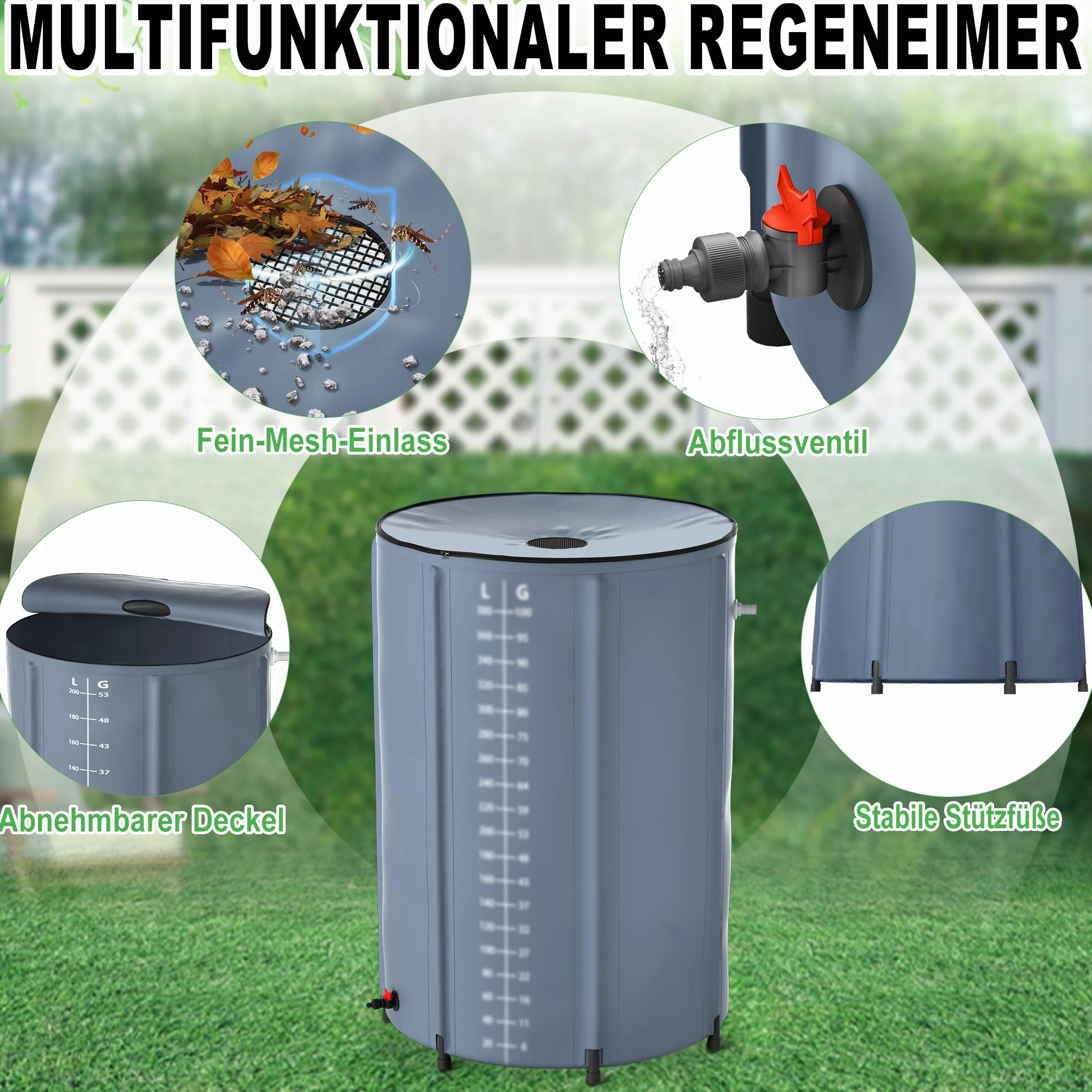 YRHome Depósito de agua de lluvia plegable 200 litros resistente UV intemperie