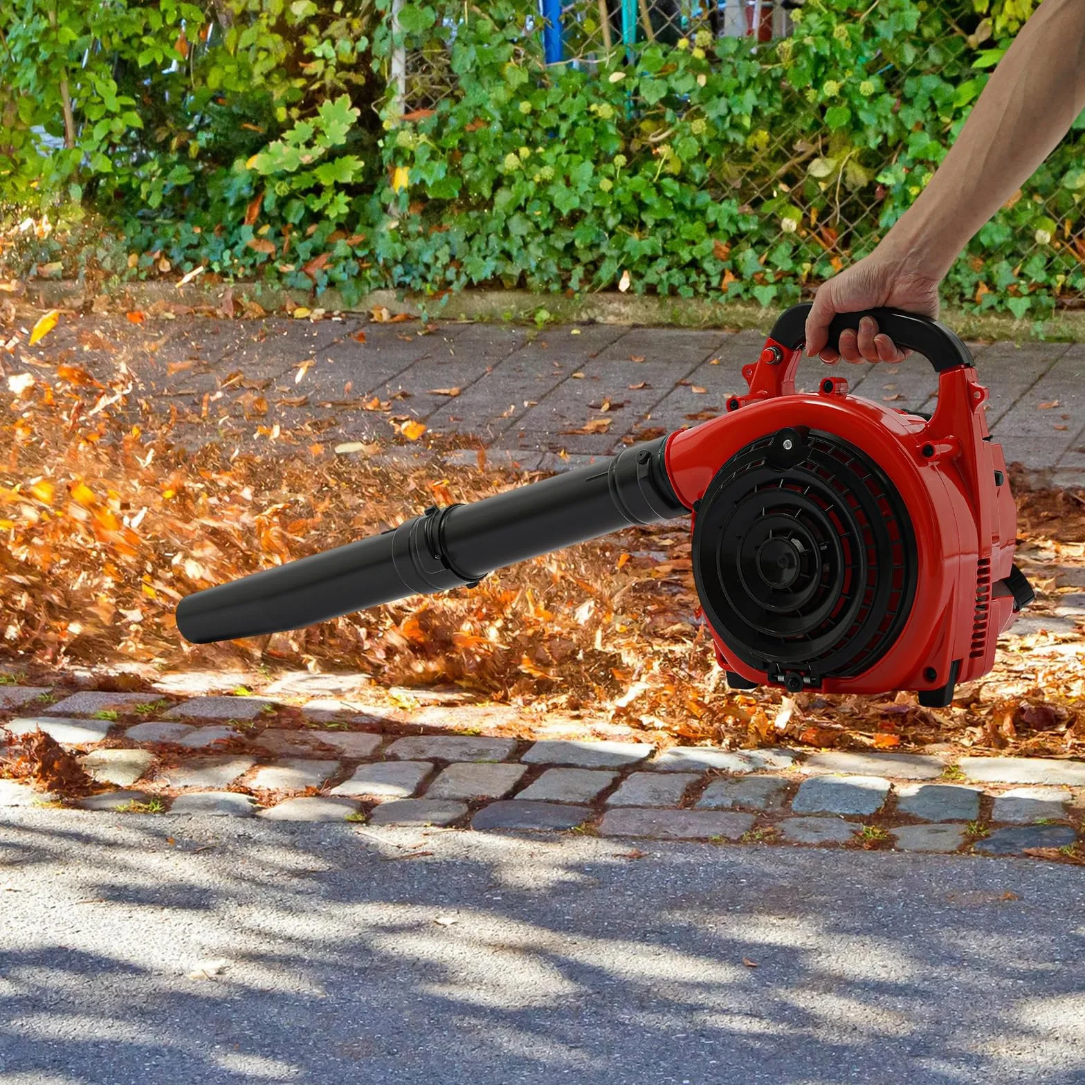 Soplador de hojas de gasolina de 25,4 cc, 2 tiempos, 7500 rpm, con bolsa de recogida y depósito de combustible de 0,9 l, para jardín, césped, terraza, burbujas y nieve