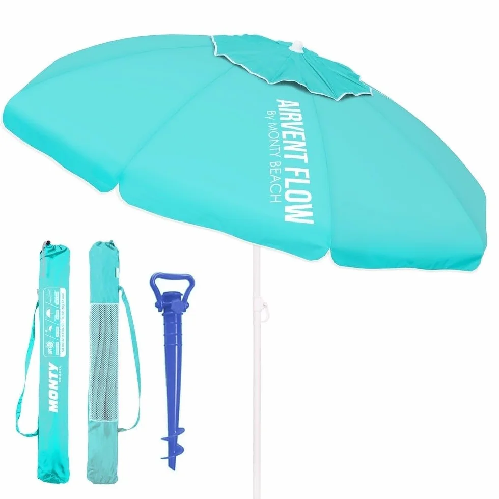 LOLAhome Sombrilla Playa 220 cm protección UV+50 antiviento Varillas Flexibles Fibra