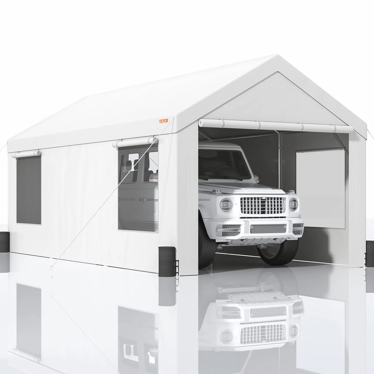VEVOR Toldo para Cochera 3,7x6 m Carpa para Garaje con Paredes Laterales Desmontables Ventanas Puertas Enrollables Lona Impermeable Blanco