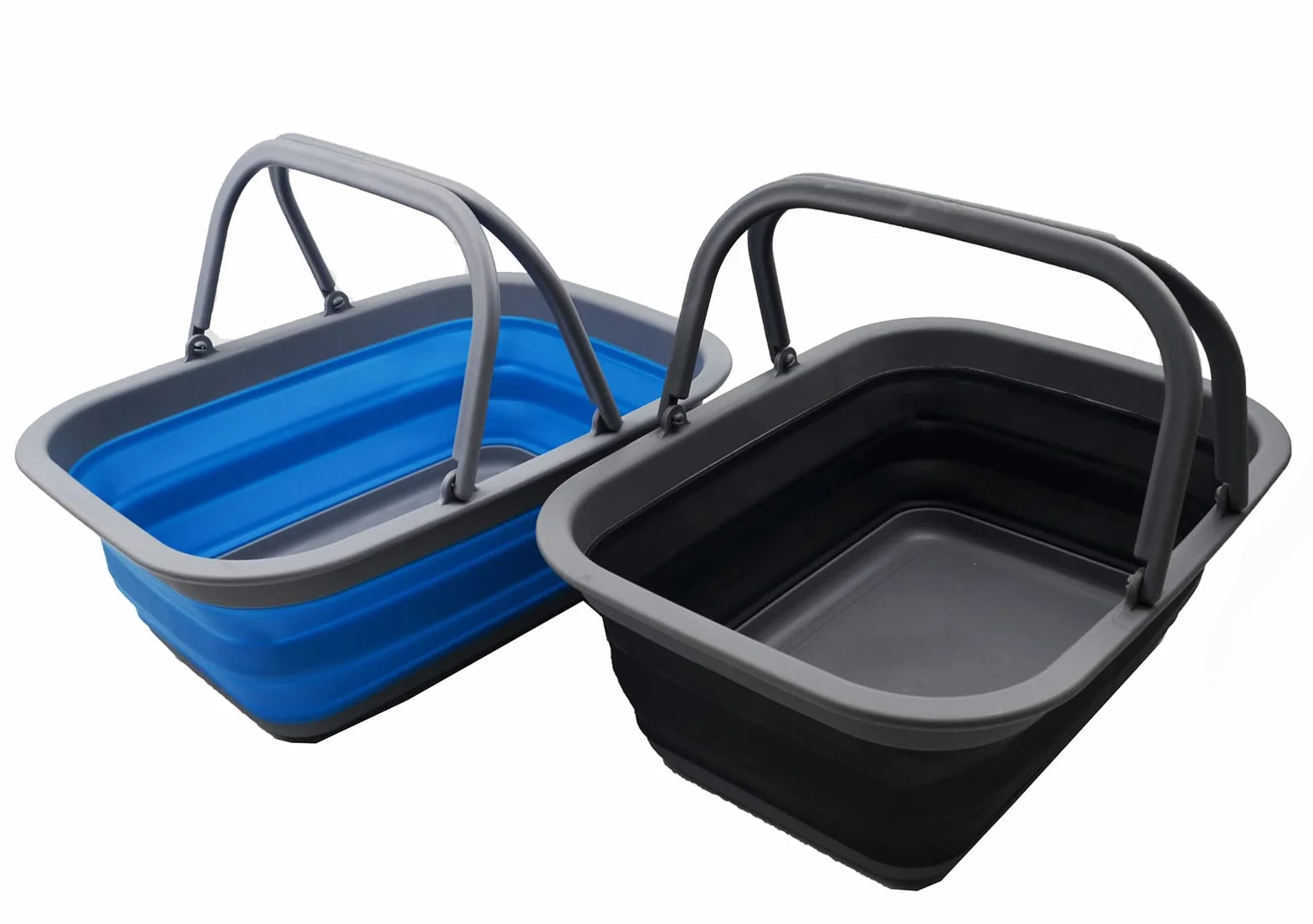 SAMMART Bañera plegable de 9.2 L con asa, cesta portátil de picnic al aire libre, bolsa de compras plegable, contenedor de almacenamiento para ahorrar espacio (negro y azul, 2)