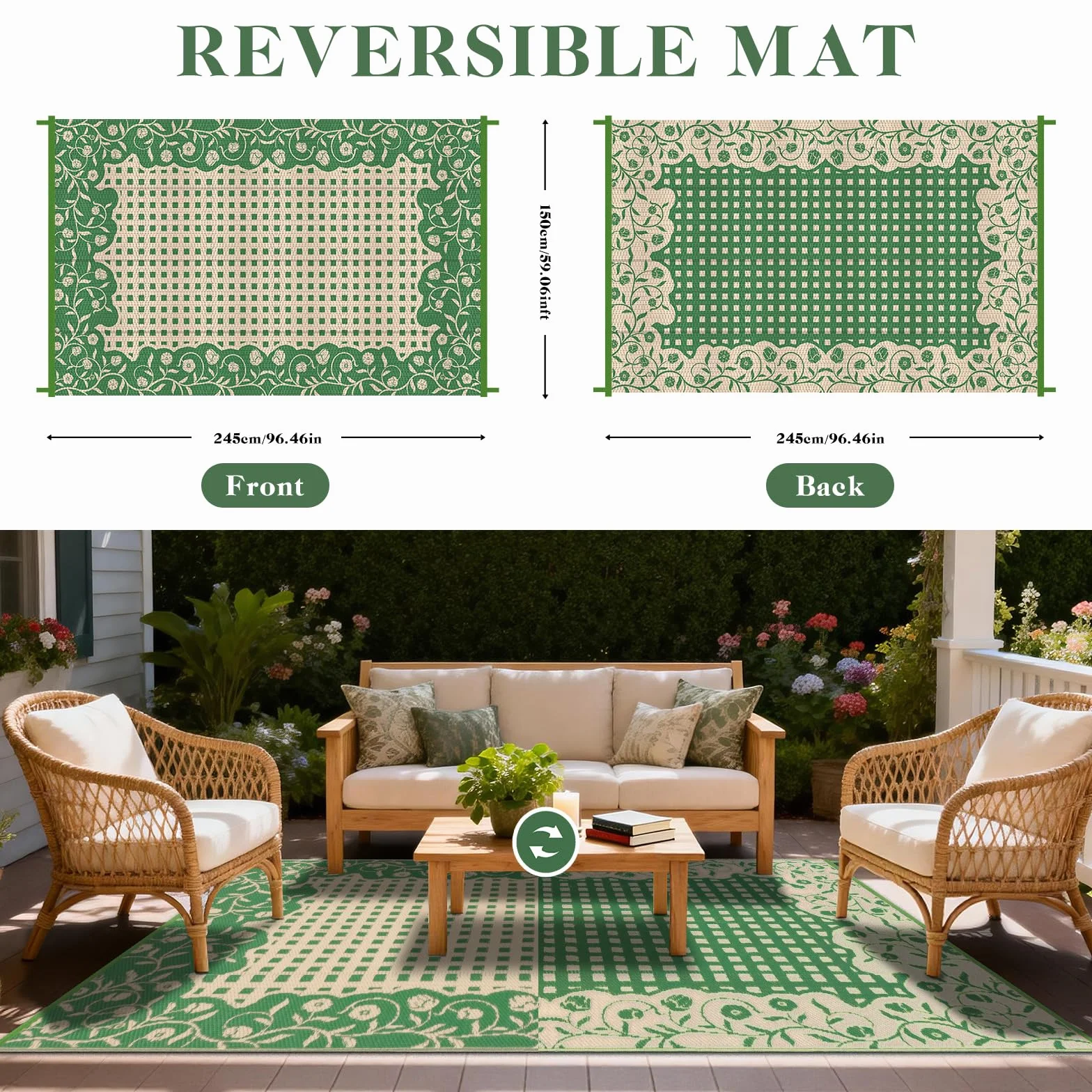 Alfombra de jardín impermeable 150 x 245 cm, reversible, plegable, plástico reciclado, resistente