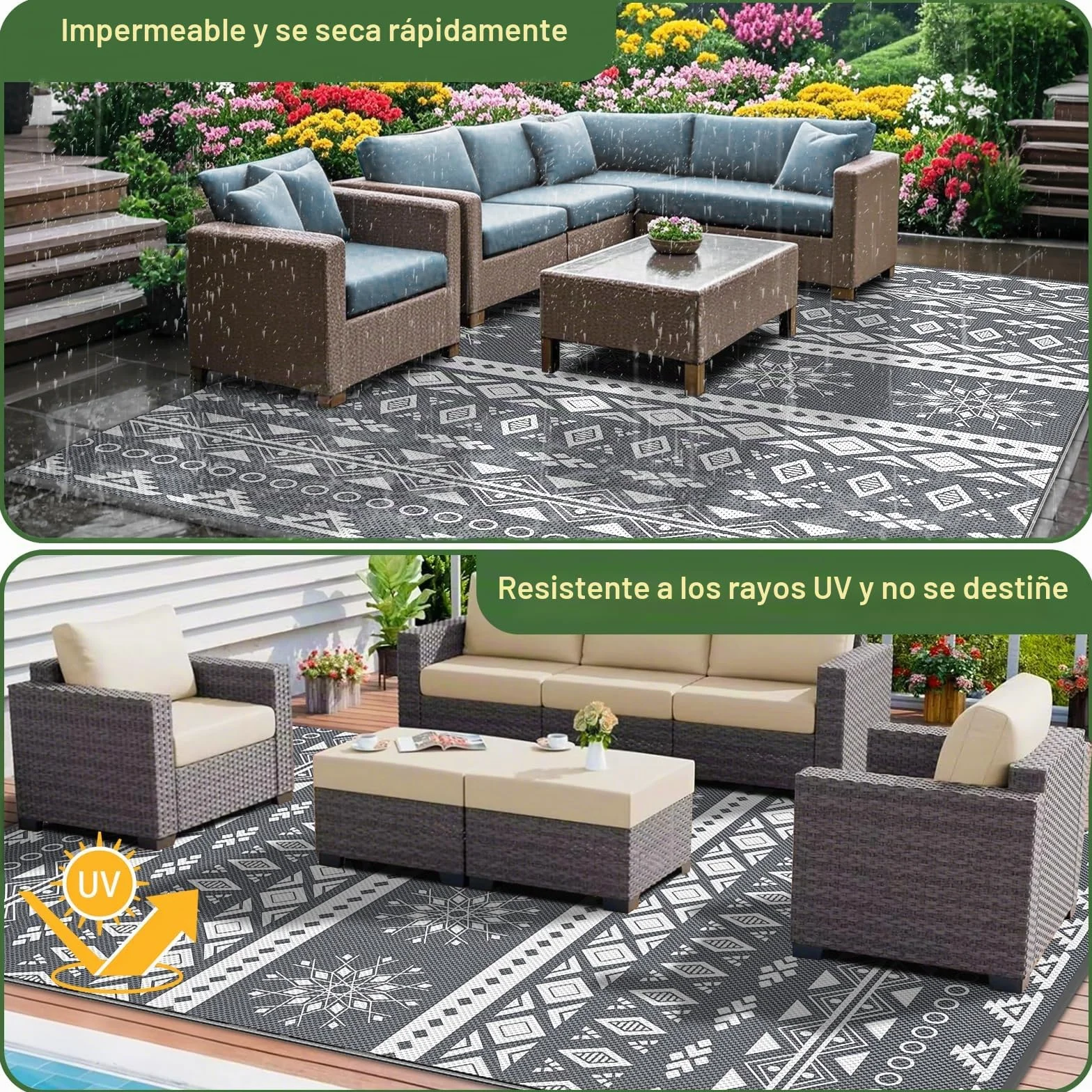 MOKANI Alfombra exterior impermeable reversible 150x240 cm plástico grande UV resistente