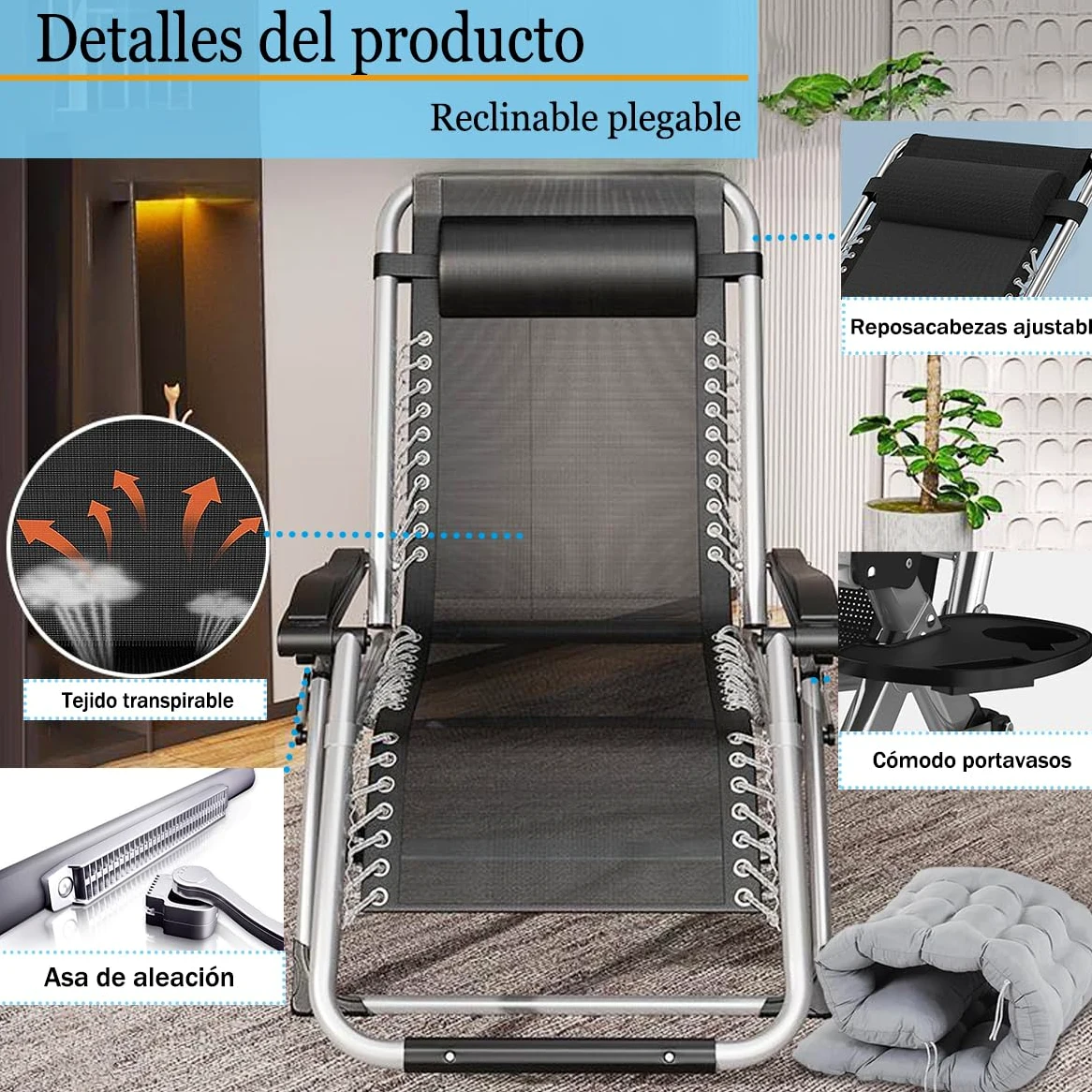 Tumbonas Gravedad Cero, Tumbona de Relax Silla de Jardín Plegable, para Playa, Piscina, Terraza,Camping.Carga Máxima 200kg (A-con Cojín Gris, Set de 1)