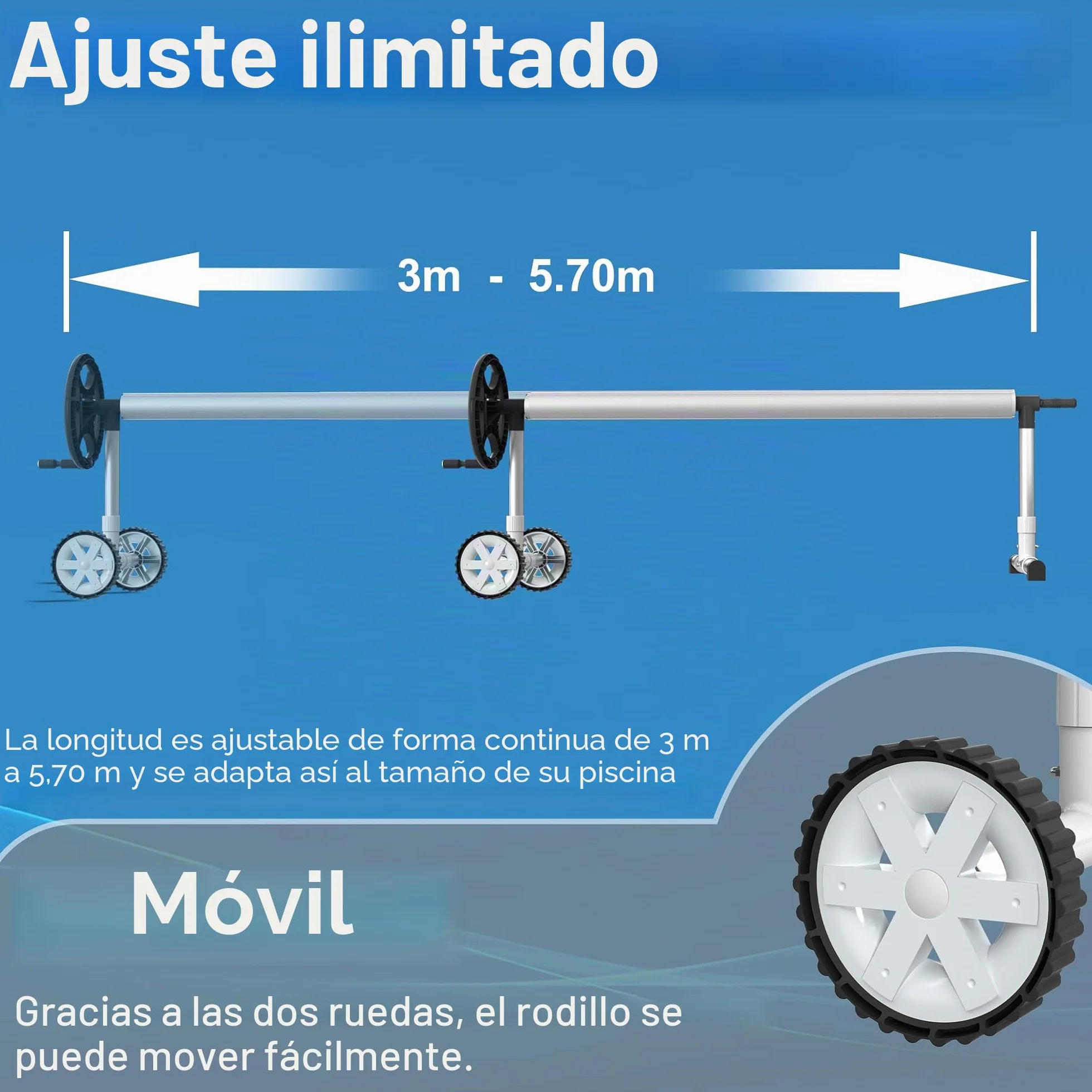 Enrollador para piscina NAIZY Sistema de enrollado 3m-5,7m con cubierta de lámina Móvil, ruedas y clips CR16