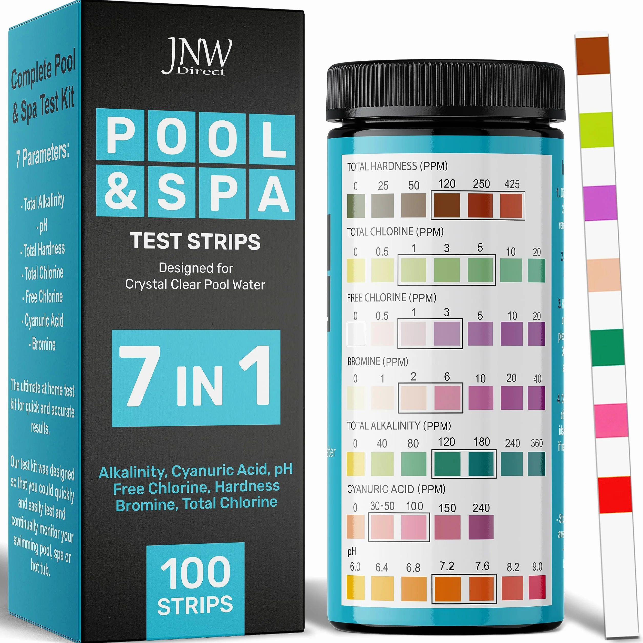 JNW Direct Tiras pH para agua de piscina y spa - Kit analizador de cloro y pH 7 en 1 con eBook