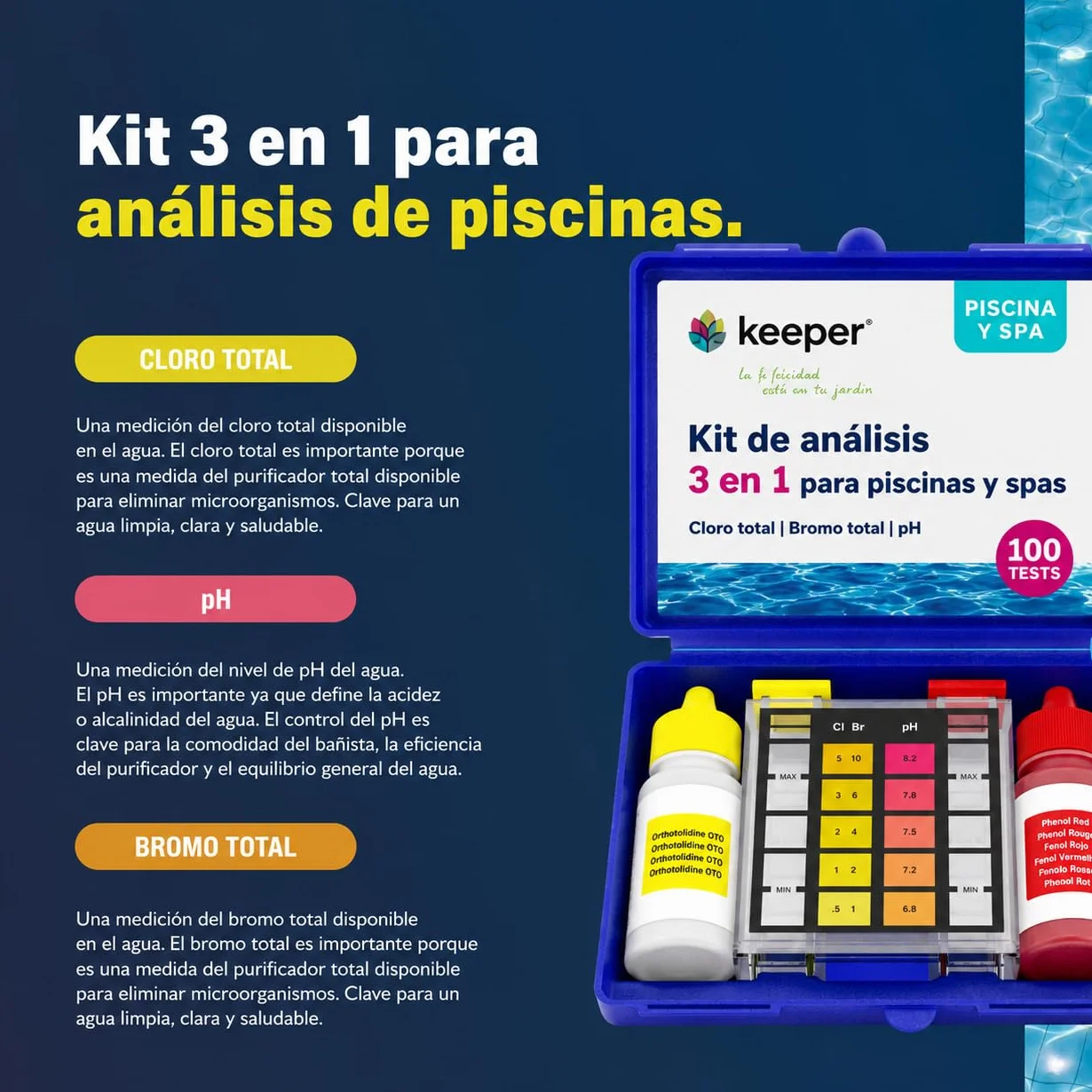 Keeper Test Kit chloru i pH do piscina spa. Medidor manual z reagentami OTO i Phenol Red, kompletny zestaw z tubą