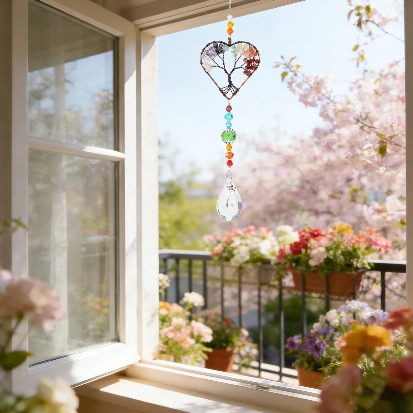 Juego de 3 atrapasueños de cristal, decoración de ventana colgante con piedra natural y cristal, carillón de viento para jardín