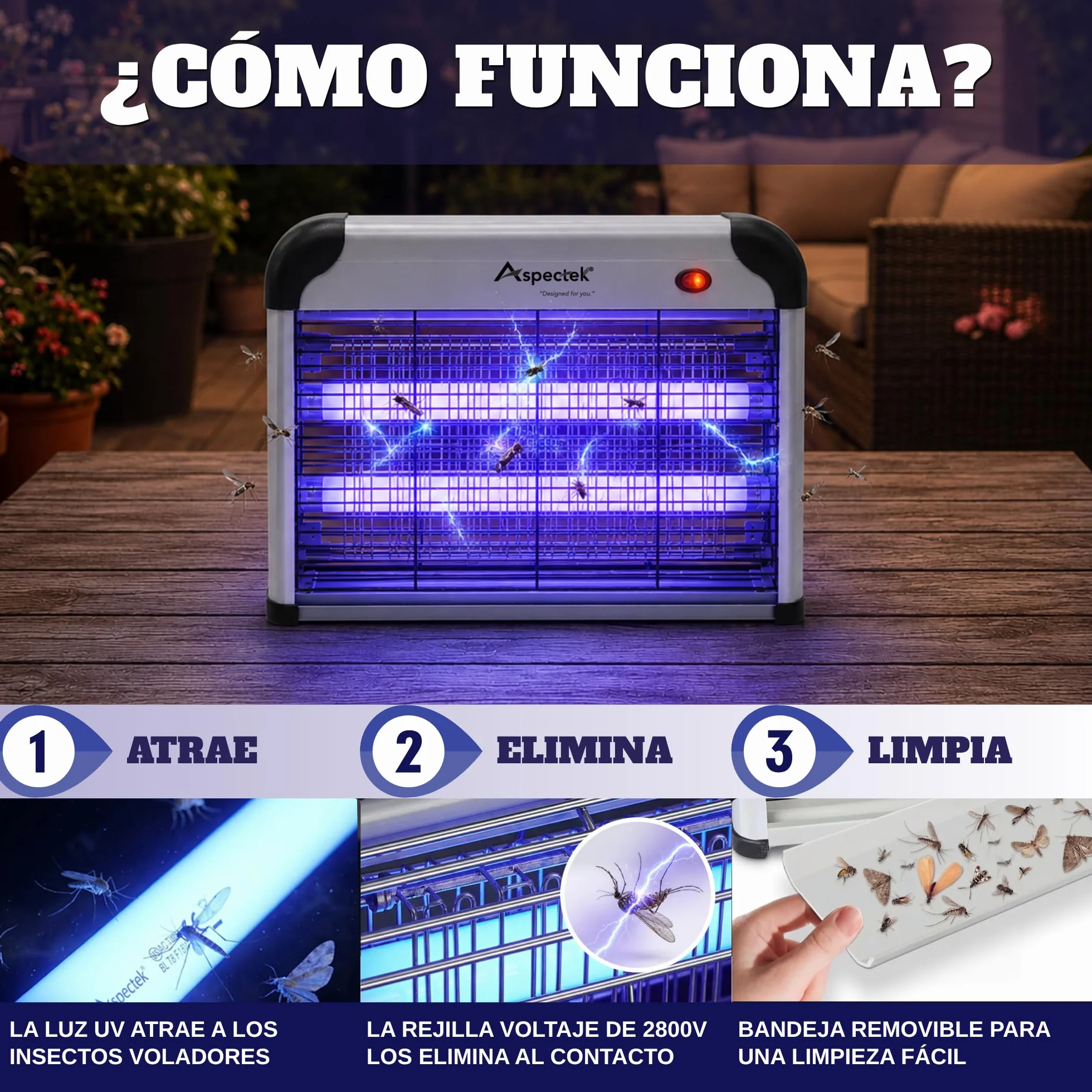 ASPECTEK Lámpara Antimosquitos Eléctrica 20W 2800V Mata Moscas Insectos Interior Trampa Mosquitos Incluye 2 Bombillas UV Repuesto