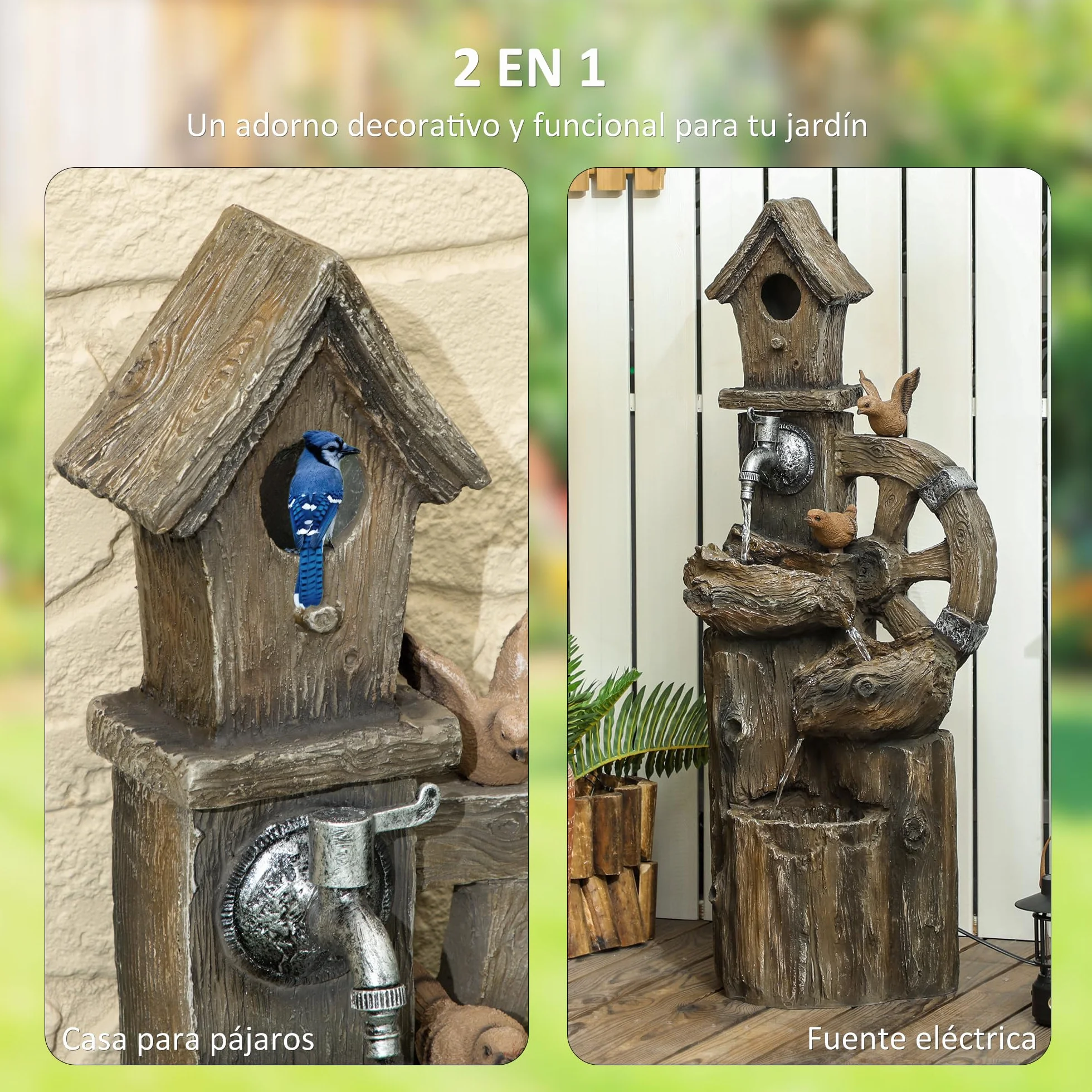 Outsunny Fuente de Agua 2 en 1 con Casita para Pájaros Fuente de Jardín con Iluminación LED Fuente Decorativa en Cascada de 4 Niveles para Jardín Patio Terraza 34,5x29,5x92 cm Multicolor