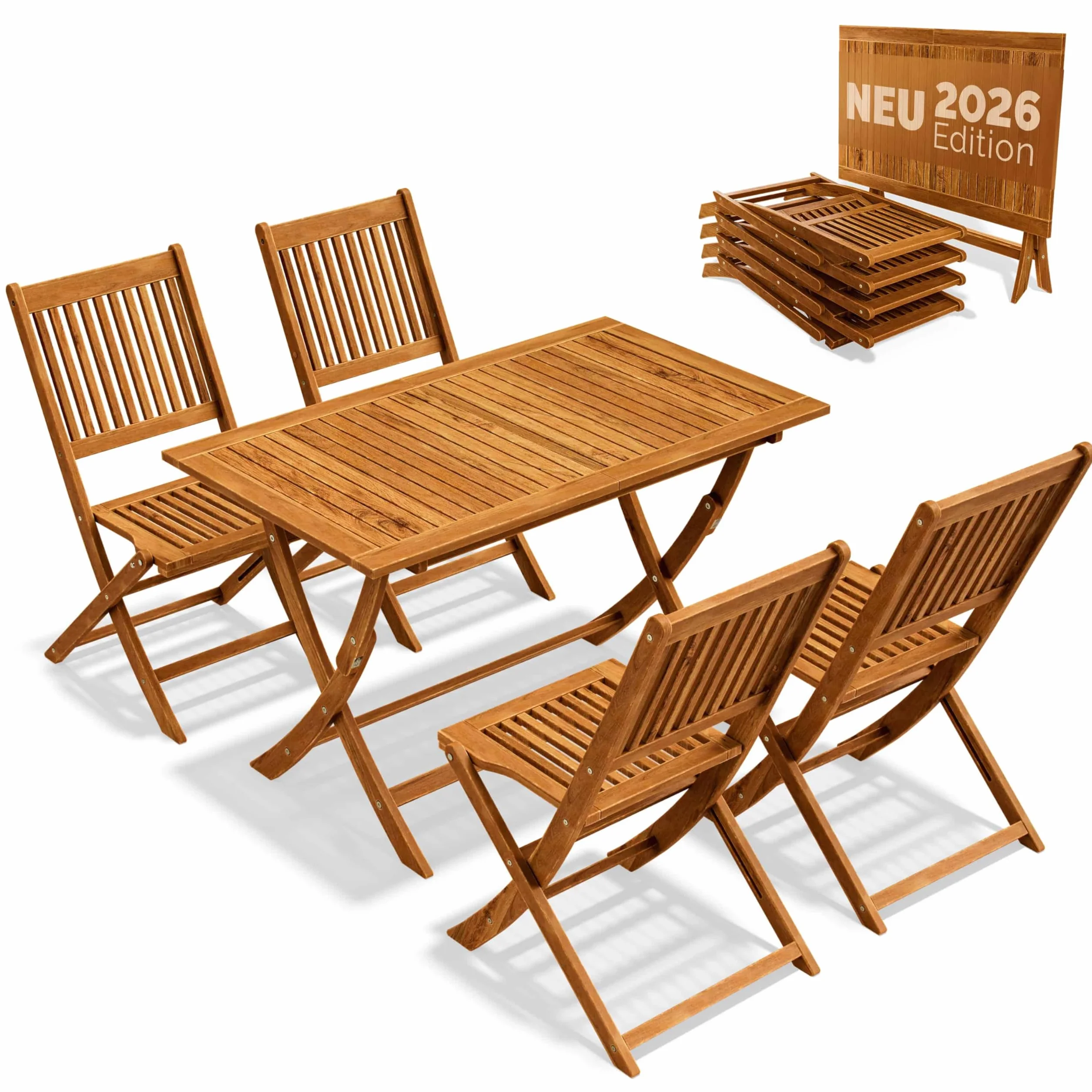 CASARIA® Juego de Muebles de Jardín 5 Piezas Mesa Extra Estable con Refuerzo Madera Acacia FSC® 4 Sillas Plegable Exterior
