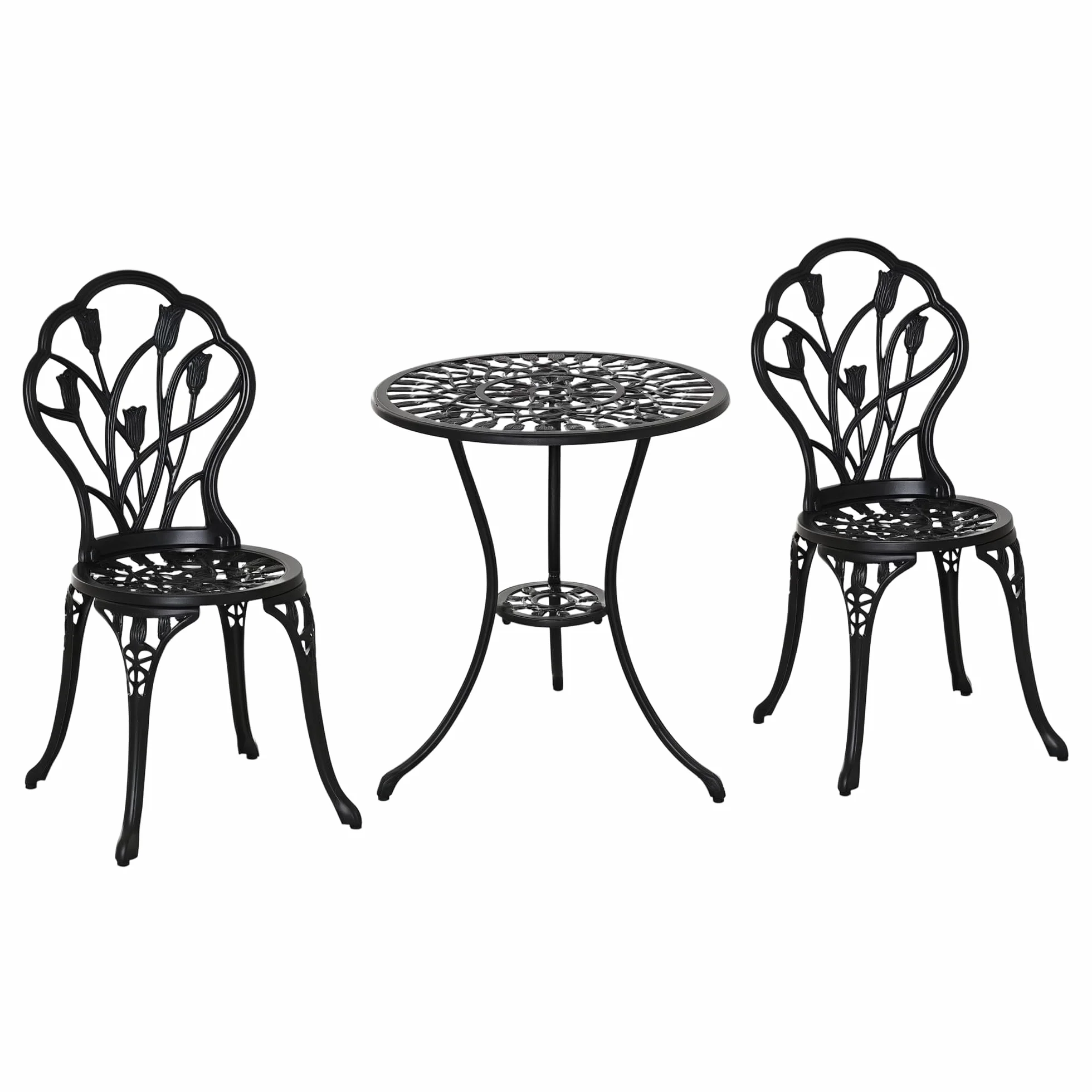 Outsunny Conjunto de Mesa y Sillas de Terraza Exterior de Aluminio de 3 Piezas Muebles de Jardín con Respaldo con Patrón de Tulipán y Mesa con Orificio para Sombrilla Negro