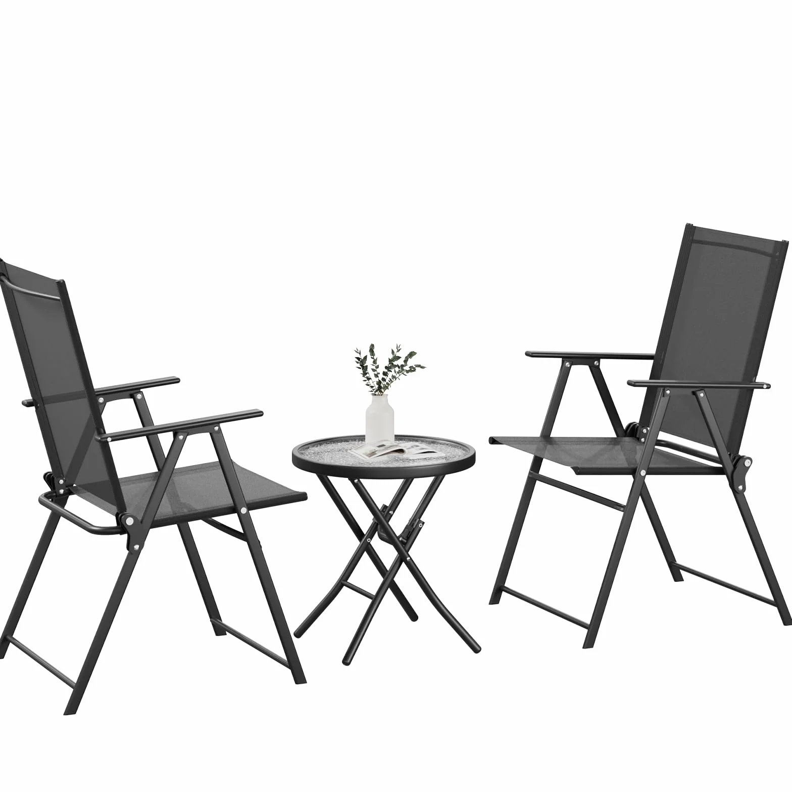 LIFERUN Set de Balcón 3 Piezas Metal, Bistró Plegable con 2 Sillas y Mesa de Vidrio, Muebles de Jardín Exterior Negro