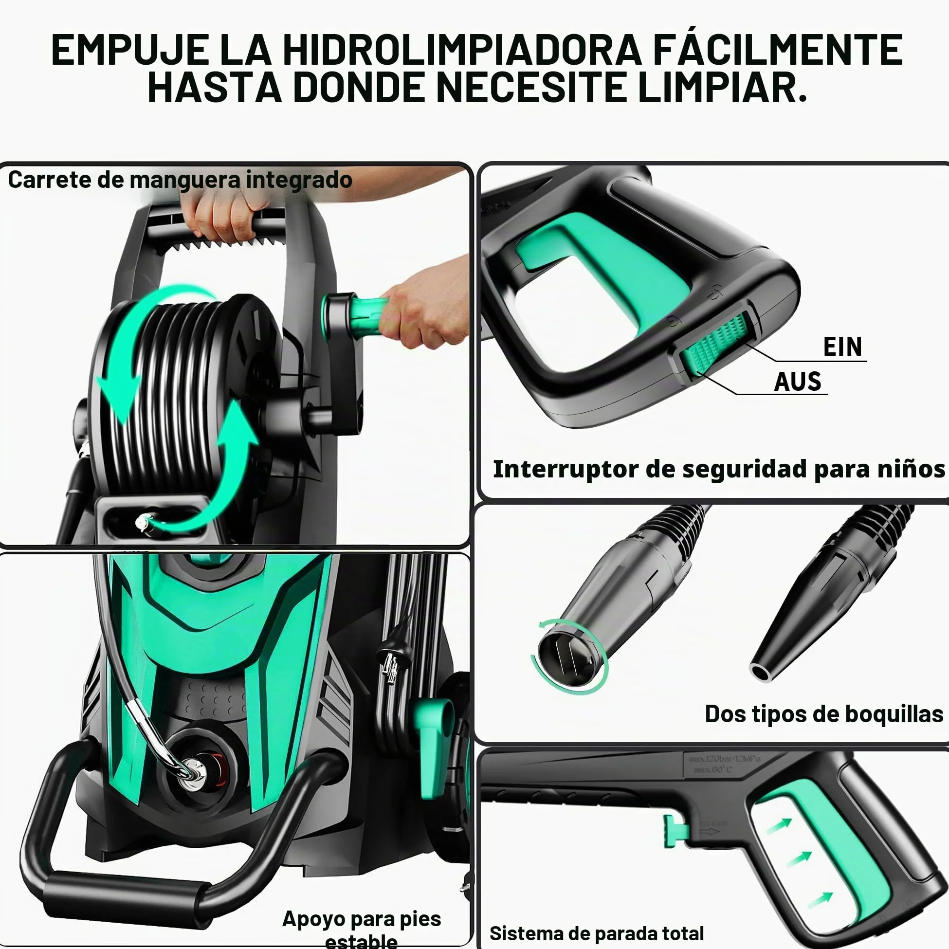 2026NEW Hidrolimpiadora de Alta Presión 180 Bar, 420 l/h, con Carrete para Manguera, Depósito de Espuma y Boquilla Ajustable 6 en 1, Rendimiento de hasta 50 m²/h, para Coche, Terraza y Jardín