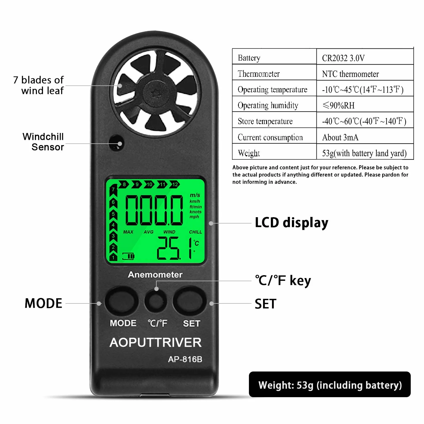 Anemometro Digital AP-816B Medidor de Velocidad Viento LCD con Luz de Fondo