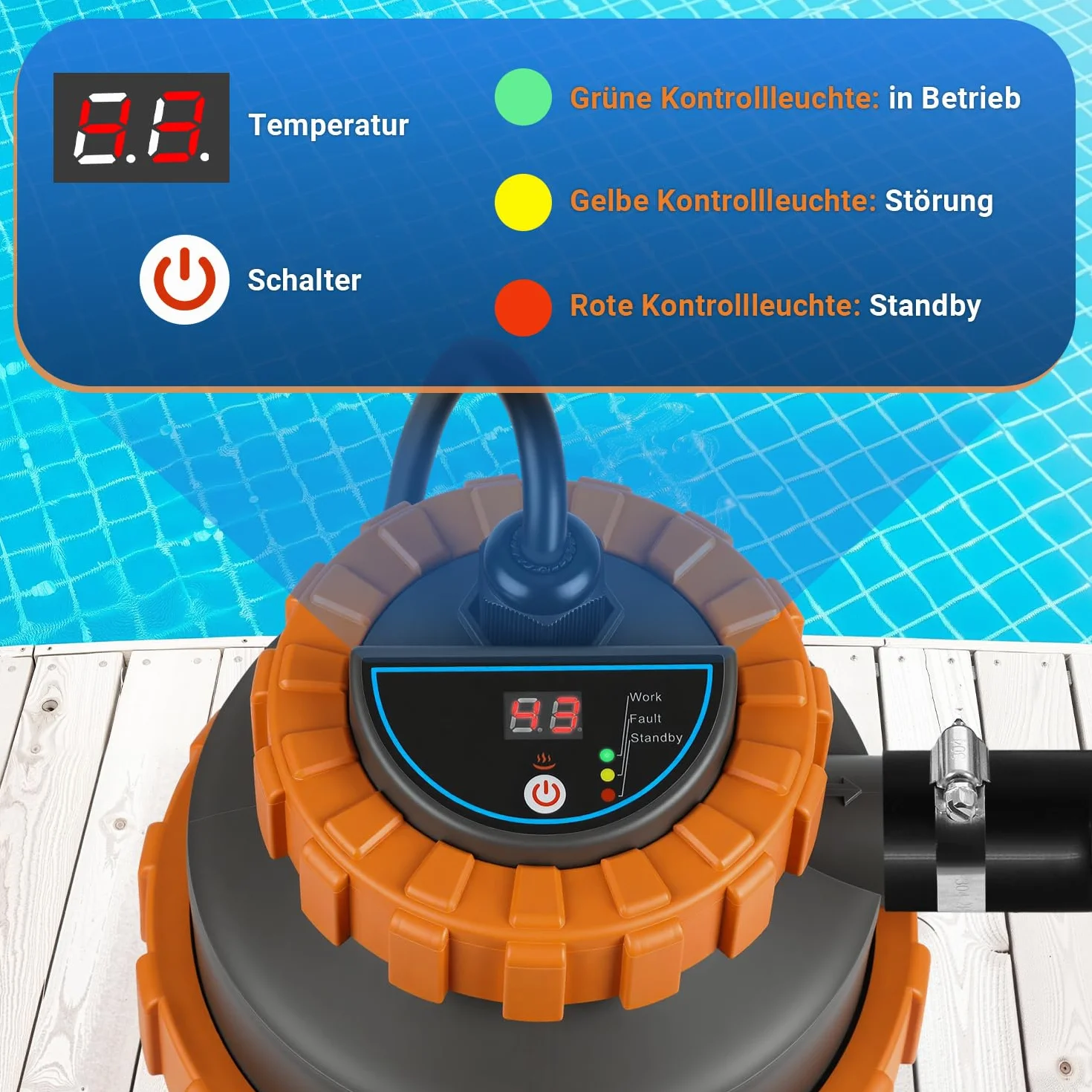 Calentador de piscina 3000 W 17 x 42 cm diámetro pantalla digital almacenamiento automático de calor