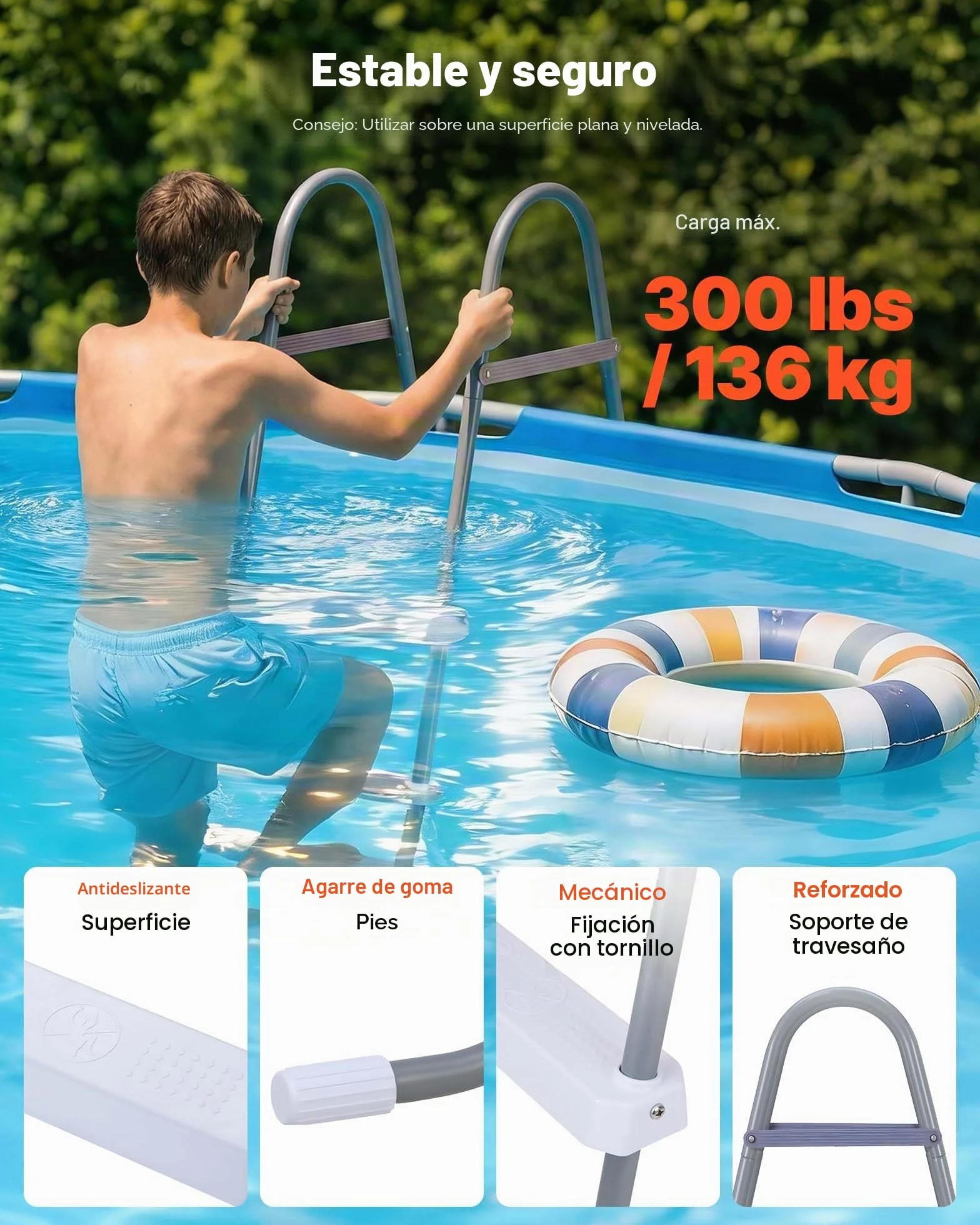 VEVOR Escalera Piscina 4 Peldaños 136kg Acero Carbono Antideslizante 121,9cm
