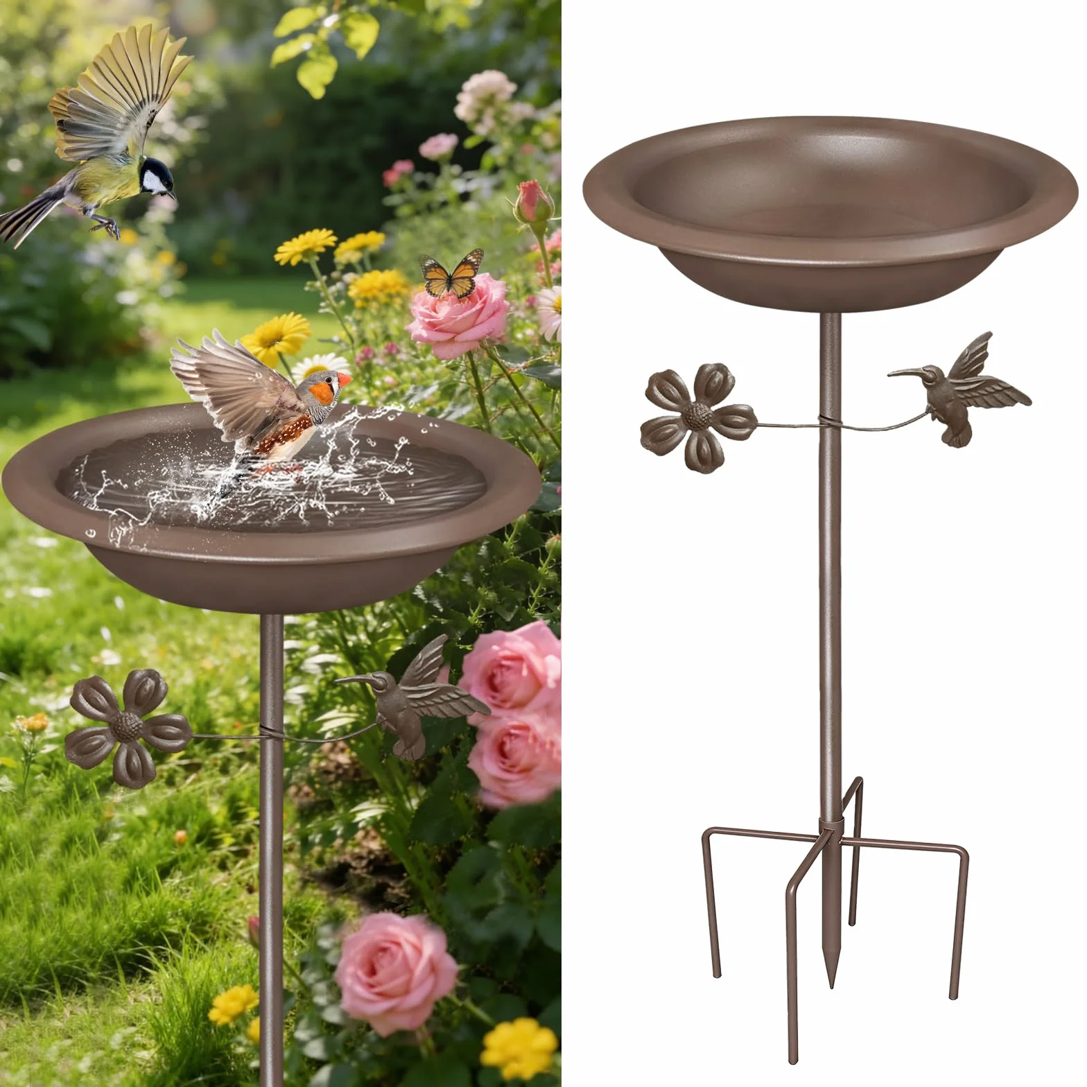 Bseical Bebedero para pájaros de pie, baño para pájaros exteriores, cuenco de metal resistente al invierno