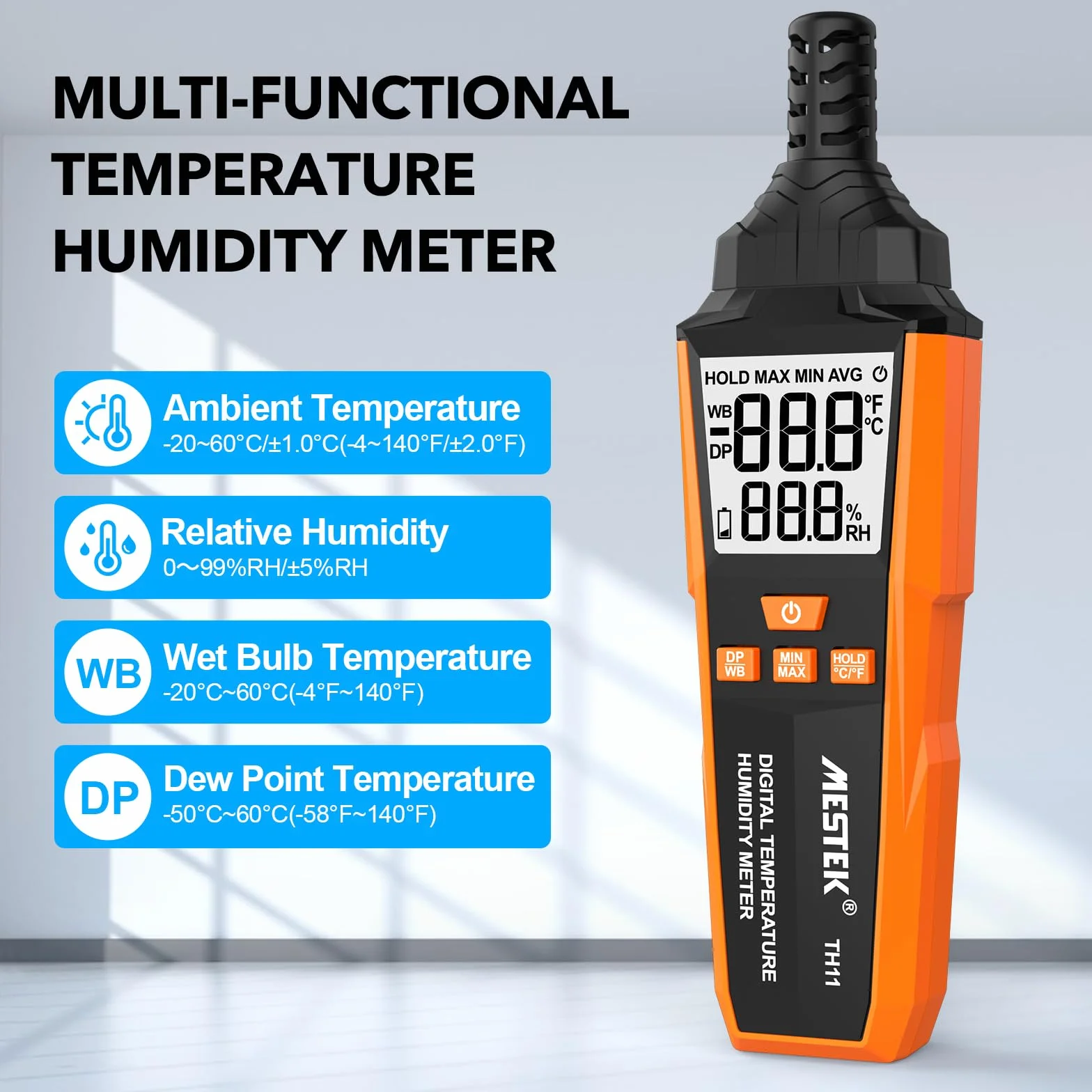MESTEK Termómetro Higrómetro Digital Interior Exterior, Medir Temperatura Humedad, Punto de Rocío, Bola Húmeda