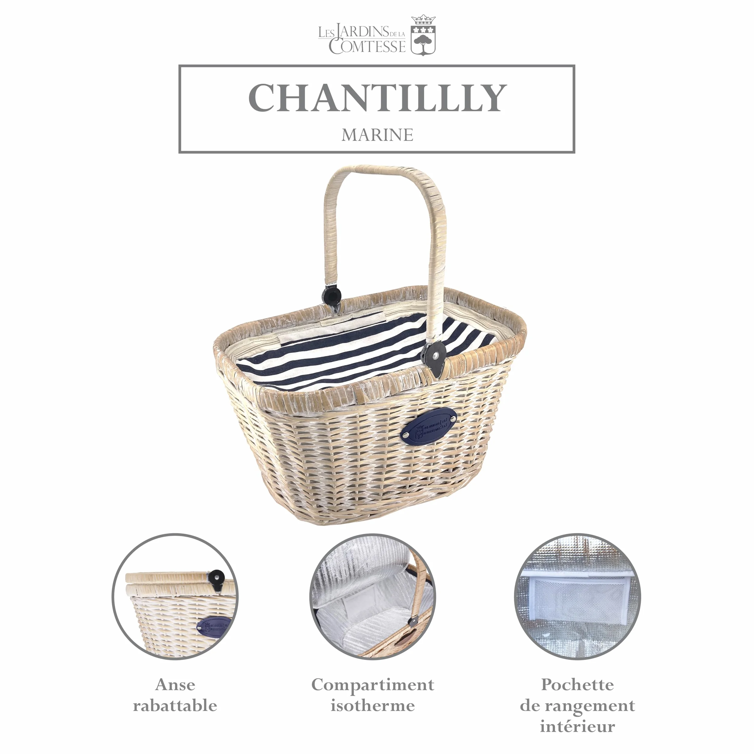 Les Jardins de la Comtesse - Cesta Chantilly Marine de Mimbre Blanqueada - Nevera Isotérmica - para el Mercado, el Picnic o la Playa - Asa Plegable - Tela Azul/Rayas Blancas - 48 cm x 29 cm x 27 cm