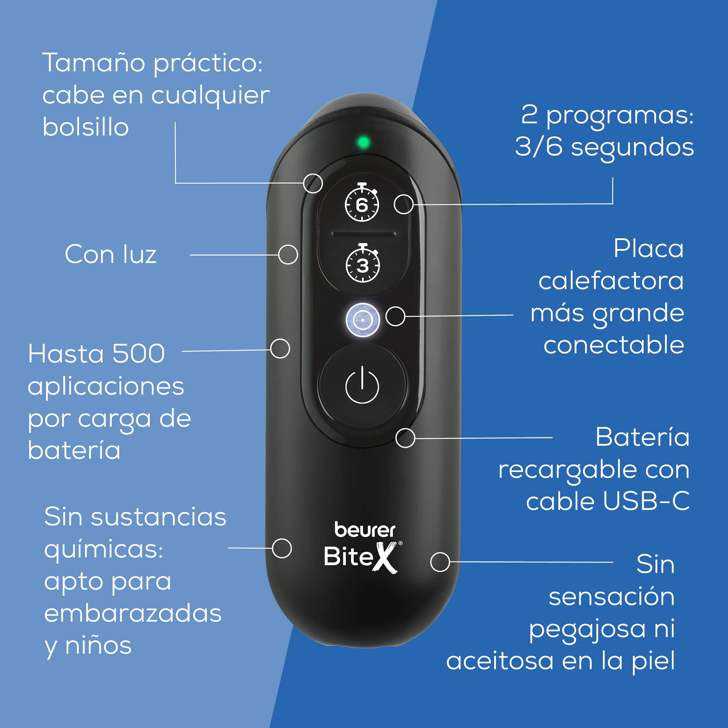 Beurer BiteX Max Deep Black Aparato contra picaduras de insectos con superficie de calentamiento, batería recargable