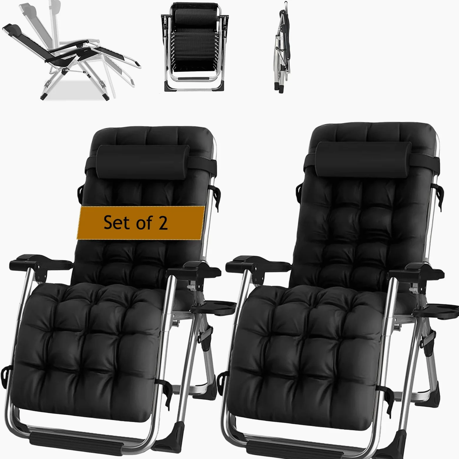 Tumbona Plegable Interior, Tumbonas Jardin Exterior Acolchada Pack de 2 Silla Gravedad Cero Reclinable Camping con Soporte para Bebidas Carga MáXima 200kg (Cojín Negro)