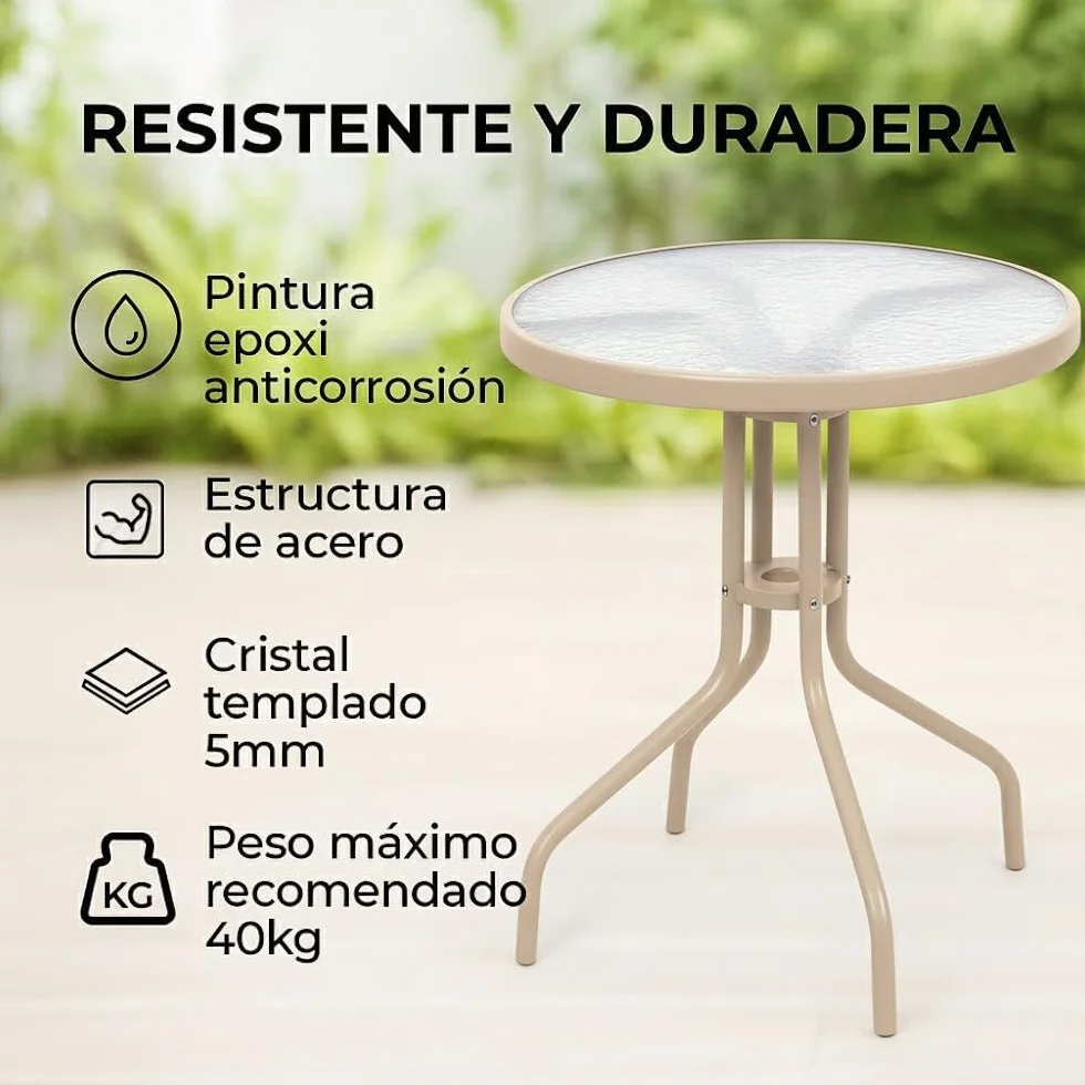 MONTY Conjunto Jardín Exterior Mesa Cristal Templado Ø60cm 2 Sillones Ratan Beige Apilables
