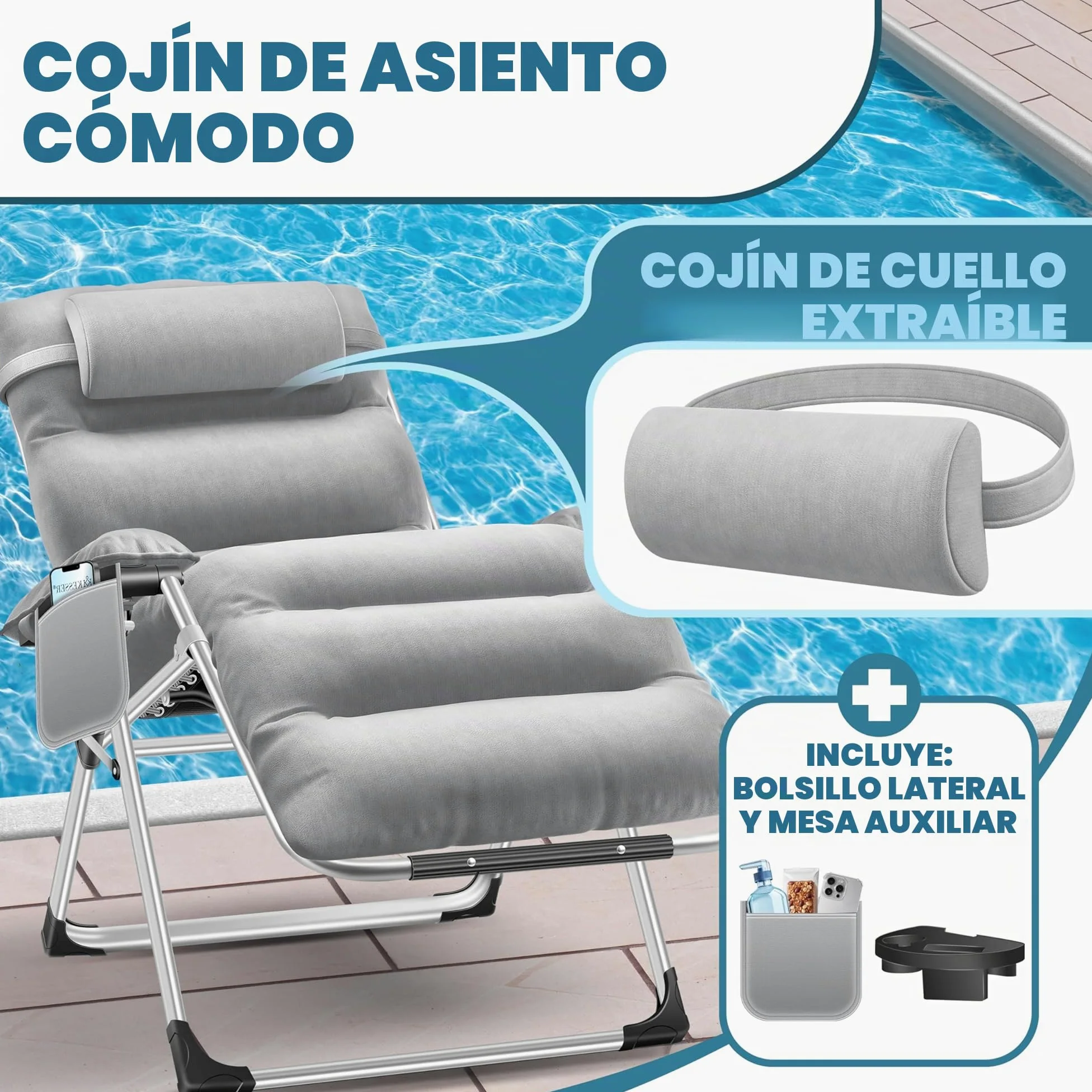 KESSER® Tumbona Plegable XXL, Resistente a la Intemperie, Capacidad de Carga 200kg, Tapizado Ergonómico, Respaldo Ajustable, Cojín Cervical, Portavasos y Cojín para Brazos, Basic - Gris