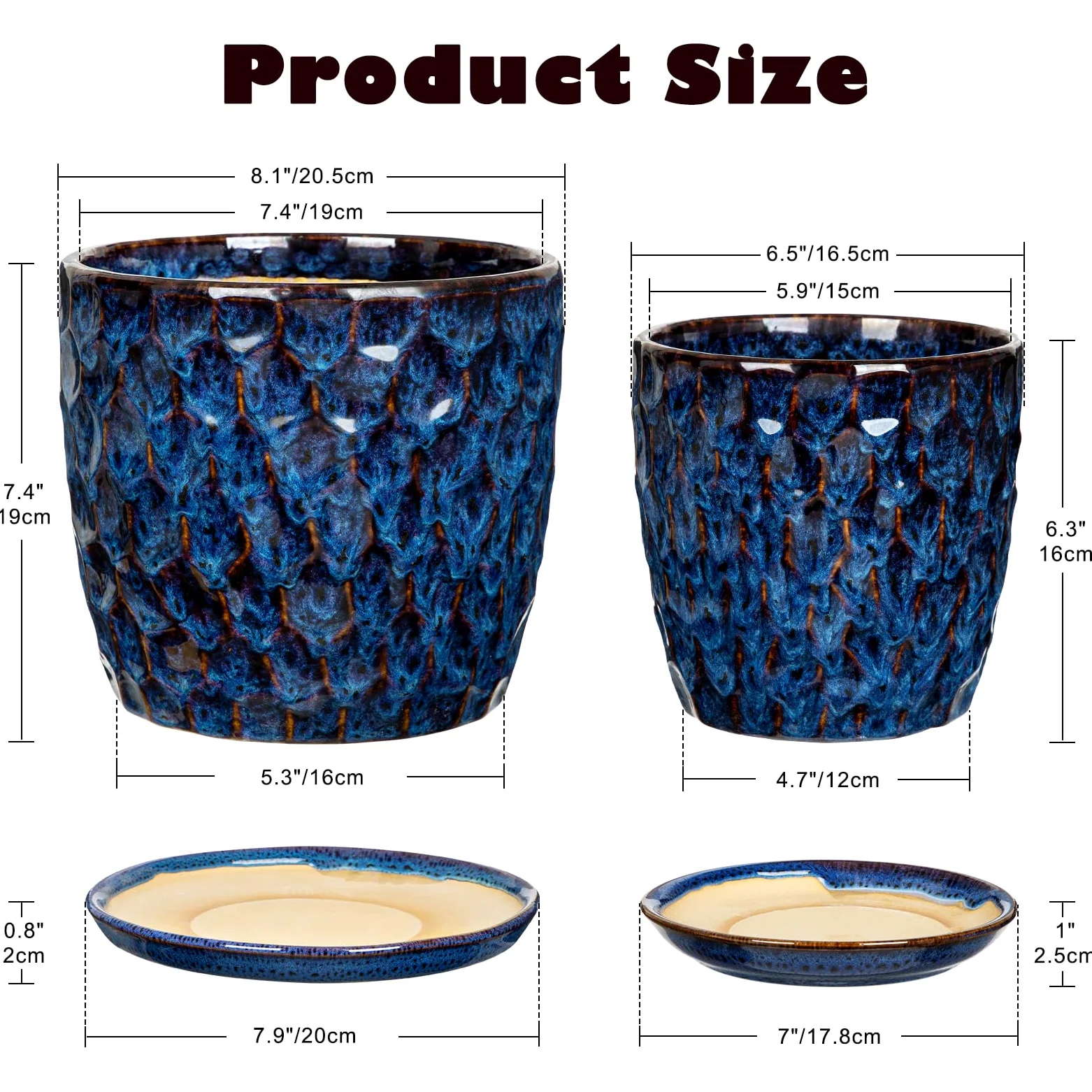 Juego de 2 macetas de cerámica esmaltada azul para interiores con drenaje y platillo, maceta decorativa de cerámica para plantas de interior, suculentas, cactus, macetas modernas de interior