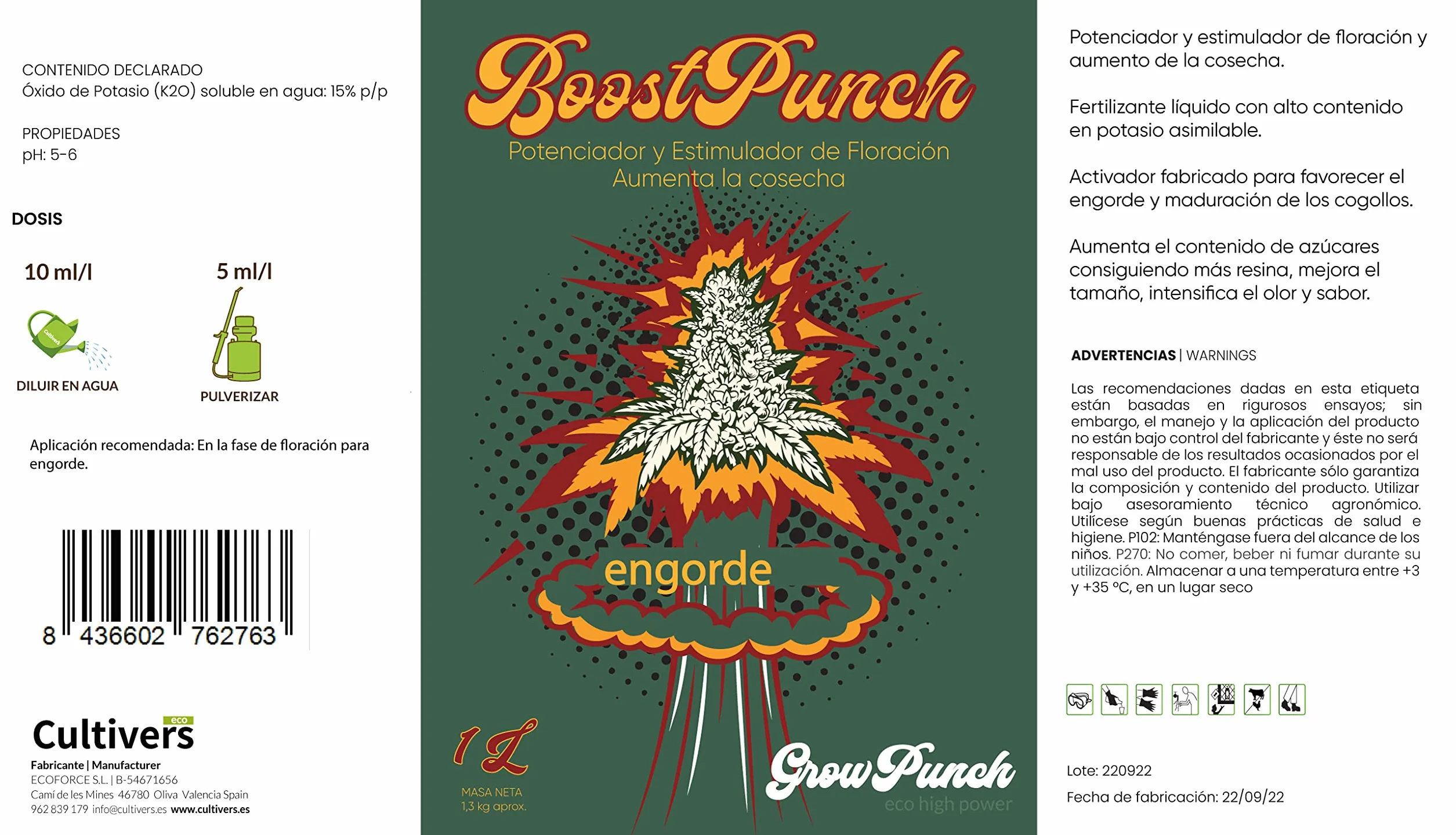 CULTIVERS BoostPunch 1 L Potenciador de floración y aumento de cosecha