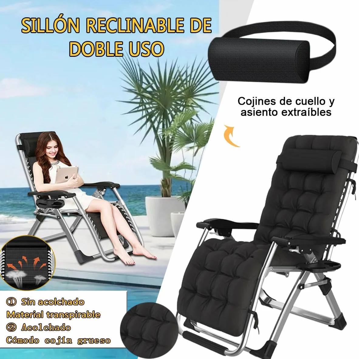 Tumbona Plegable Interior, Tumbonas Jardin Exterior Acolchada Pack de 2 Silla Gravedad Cero Reclinable Camping con Soporte para Bebidas Carga MáXima 200kg (Cojín Negro)