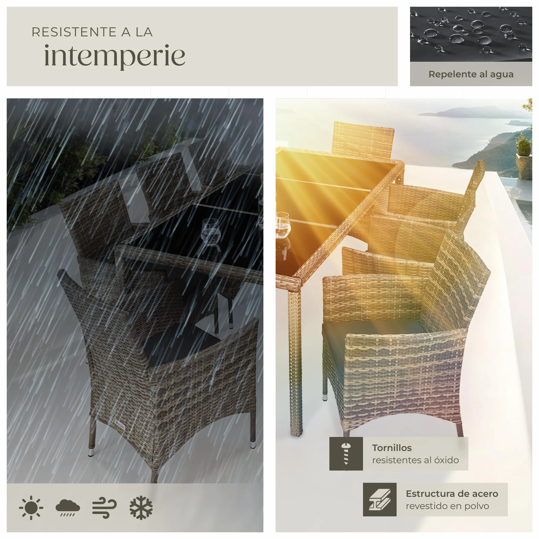tectake® Conjunto Jardín Exterior de Ratán y Acero con Cojines, Muebles Jardín Exterior Resistentes a Intemperie, para hasta 8 Personas, Fácil Limpieza - Natural/Gris