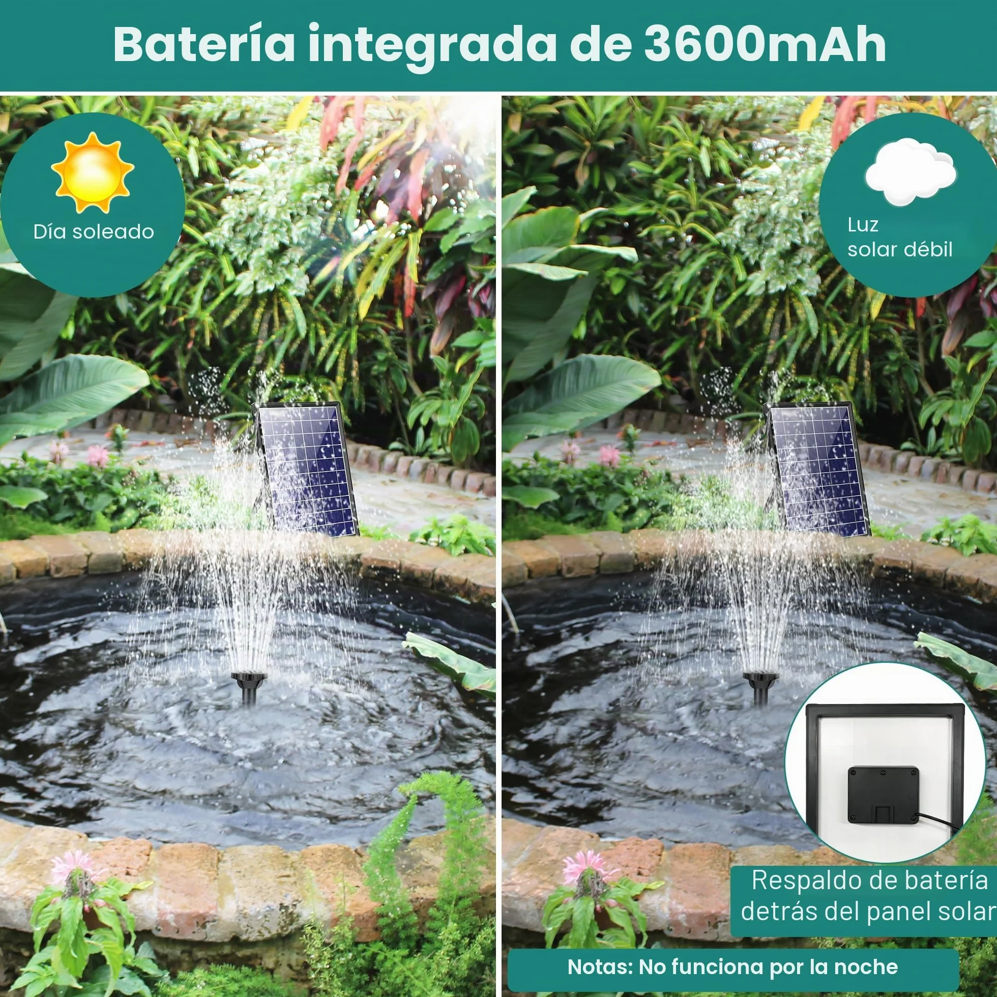 Bomba solar para estanque con filtro 8 W 3600 mAh fuente flotante exterior