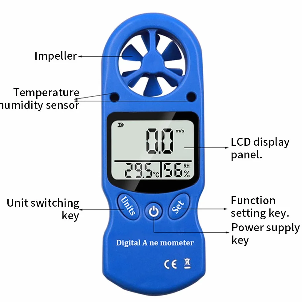 Anemómetro Portátil Digital 3 in 1, Medidor de Velocidad del Viento 0,3-30 m/s con Sensor de Temperatura y Humedad