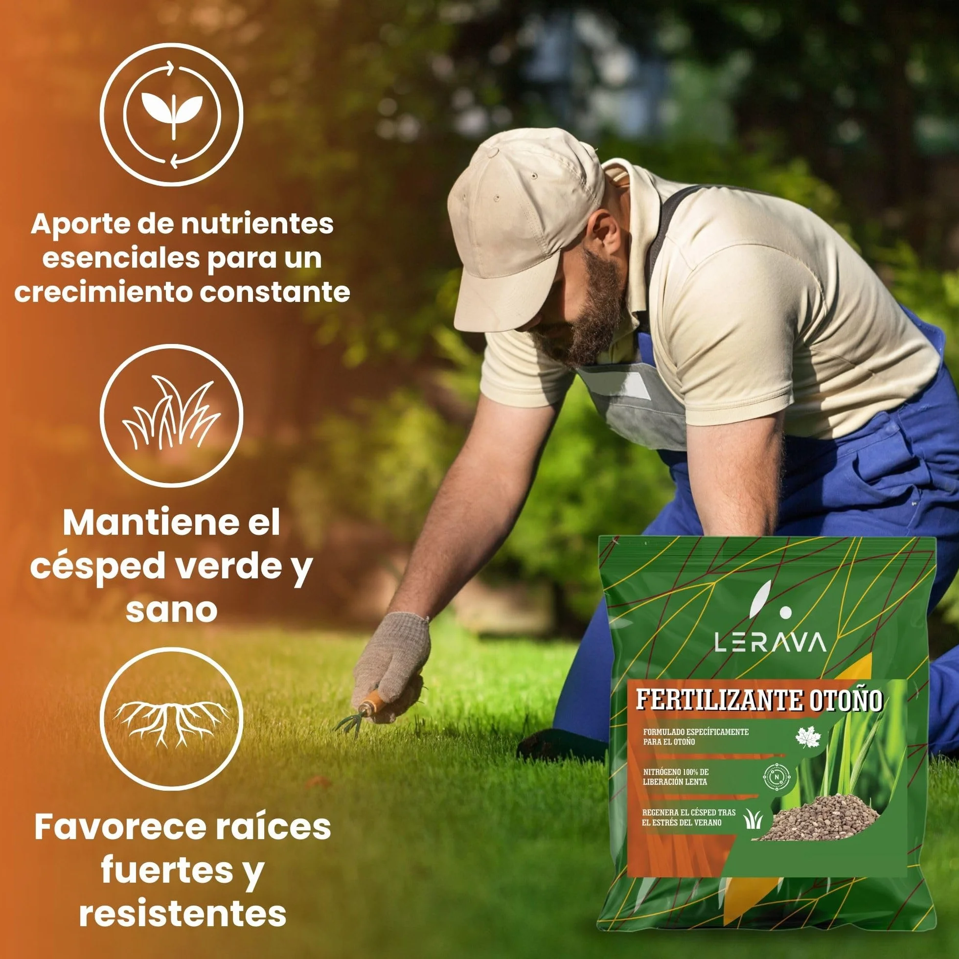 LERAVA® Abono césped Otoño 185 m² Fertilizante Liberación Lenta 100% Nitrógeno