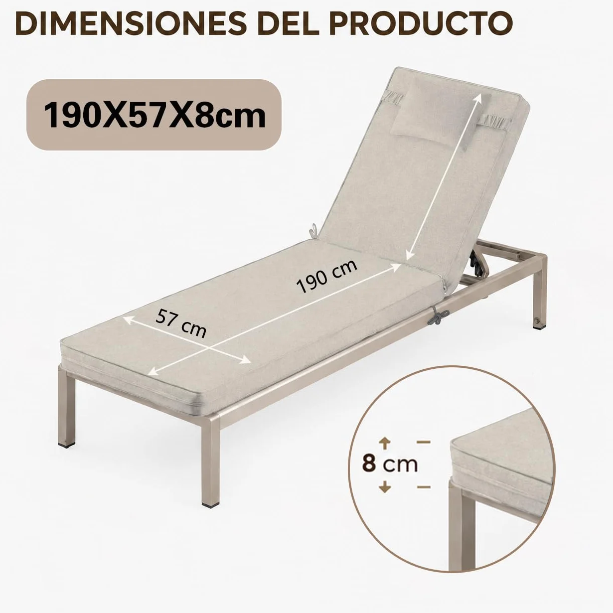 MANEMI Cojín para Tumbona 190x57x8cm Acolchado Espuma Desenfundable Cremallera Poliéster Resistente Cintas Sujeción Jardín Terraza Piscina