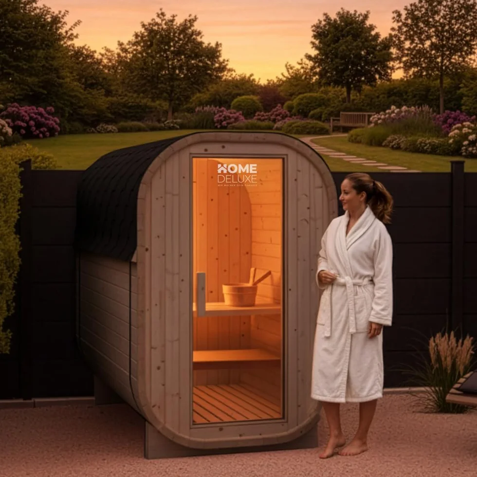 Home Deluxe Sauna de Exterior Cube S - Dimensiones: Aprox. 194 cm x 120 cm, Madera: Madera de Abeto - Incl. Calefactor de Sauna y Accesorios de Sauna I Sauna de jardín, Sauna de Exterior, Barril de