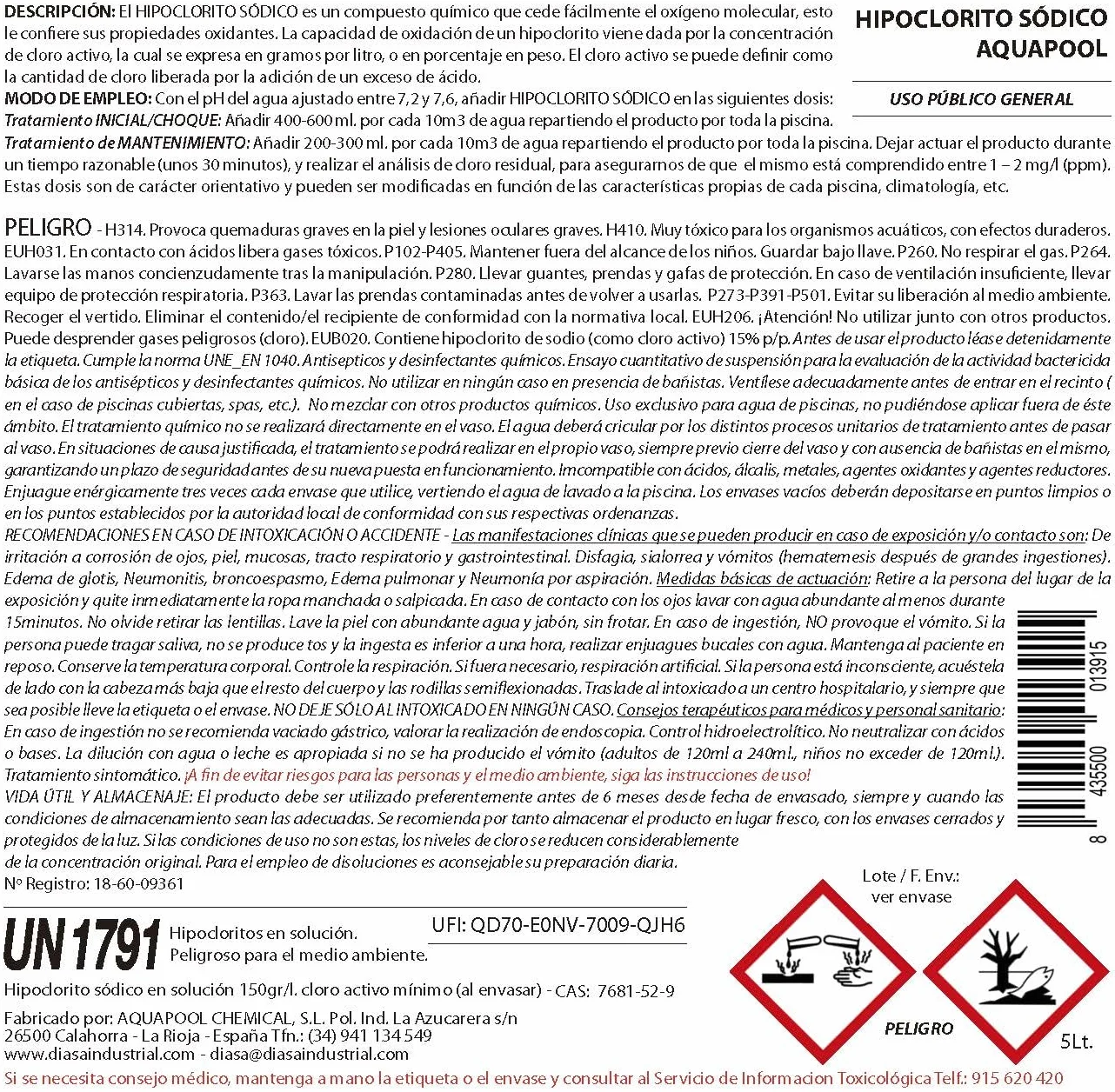 AQUAPOOL Cloro Choque Líquido Clarificante HIPOCLORITO SÓDICO 15% 6 KG 5 litros
