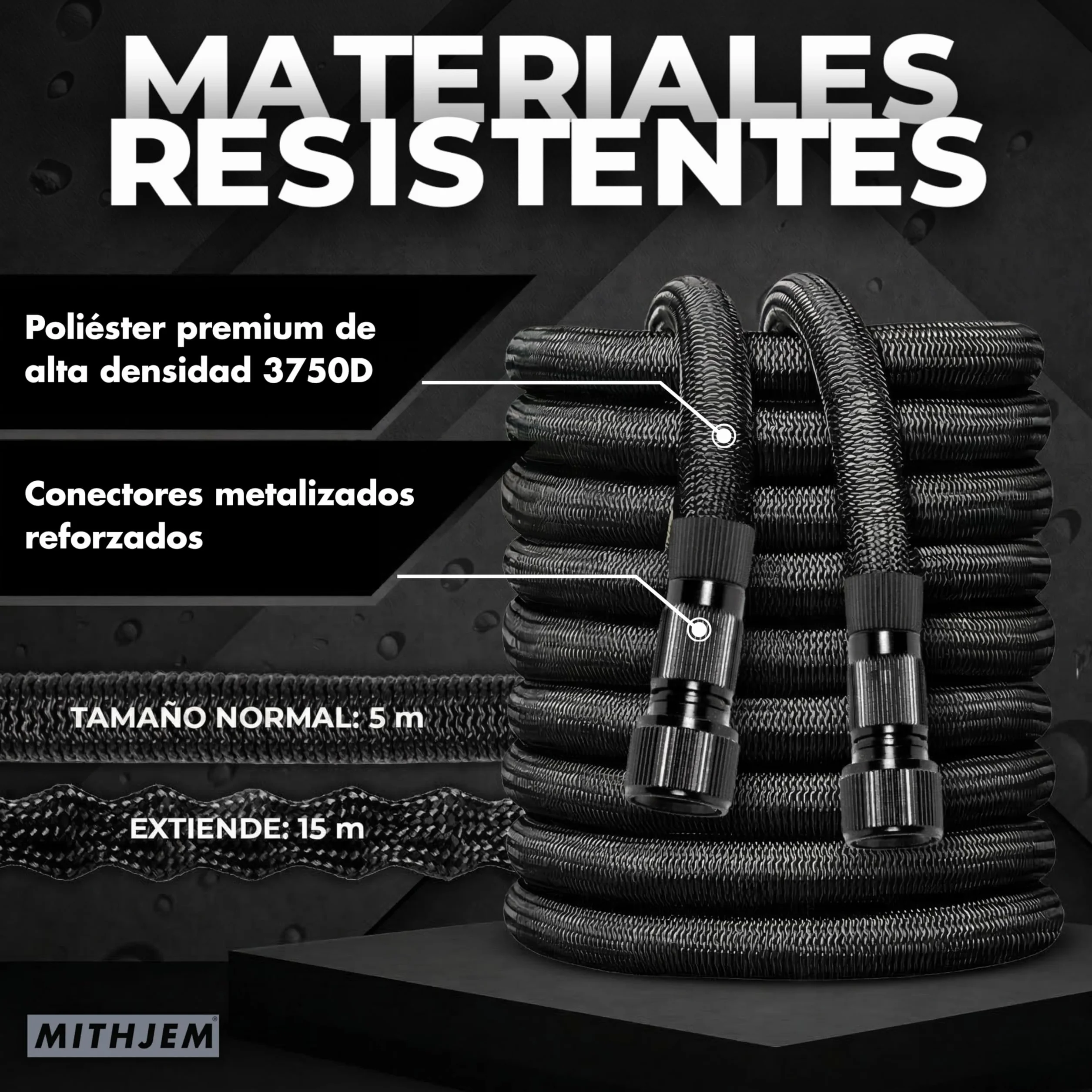 Manguera Jardín 15m Poliester 3750D Alta Densidad Conectores Metalizados 1/2" 3/4" Extensible Enrollable Garden Hose