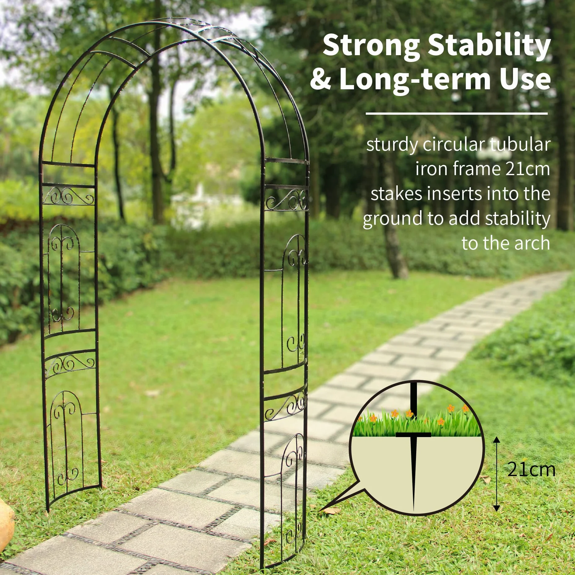 GARDEN Arco de jardín de Metal Negro 220x114x36CM Cenador Tubular para Rosas Plantas Trepadoras