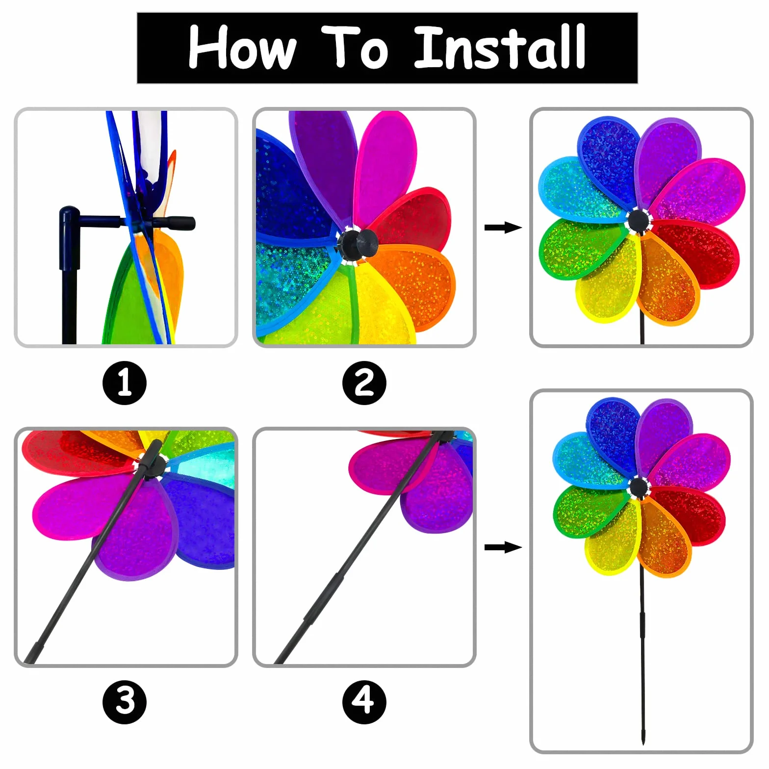 Molino de viento con flores arco iris spinner decoración jardín 4 piezas