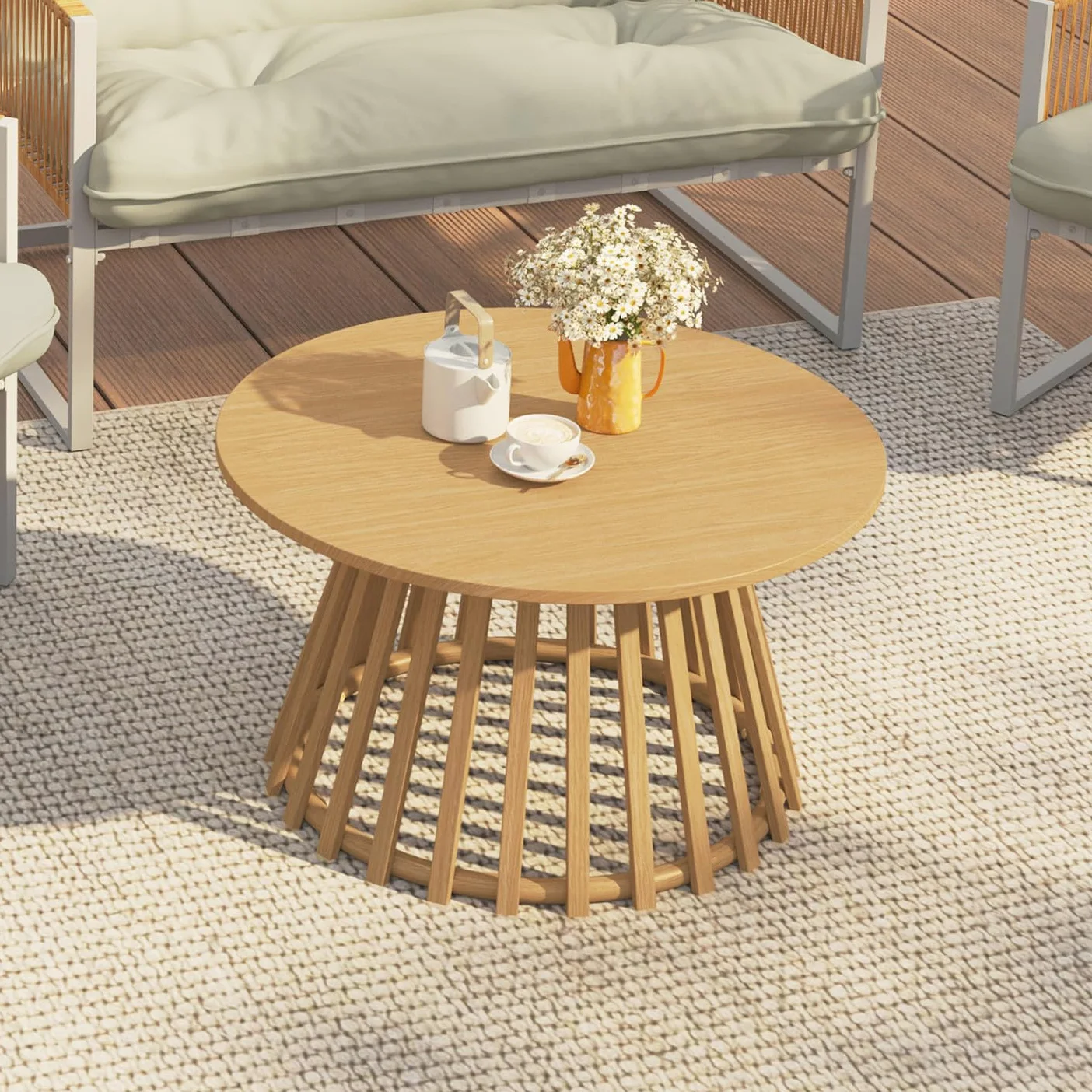 IDMarket – Mesa de centro de jardín redonda 70 cm SOLAL con patas de metal efecto madera