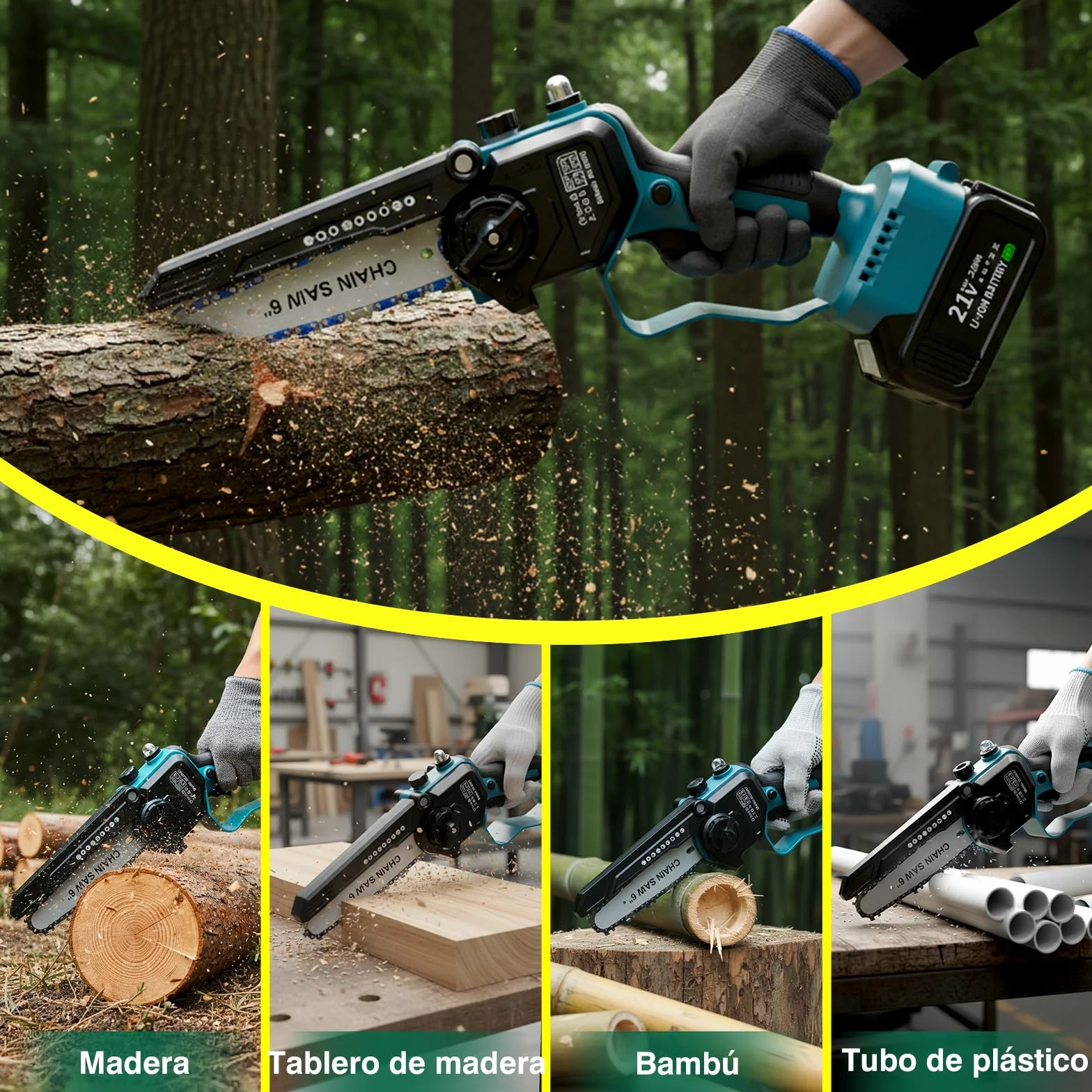 Motosierra a batería 6" - Motosierra de una mano con juego de 8" (2 en 1), engrasador automático, tensión de cadena sin herramientas, maletín, 2 barras guía y 2 cadenas con cubrecuchillas, sin batería