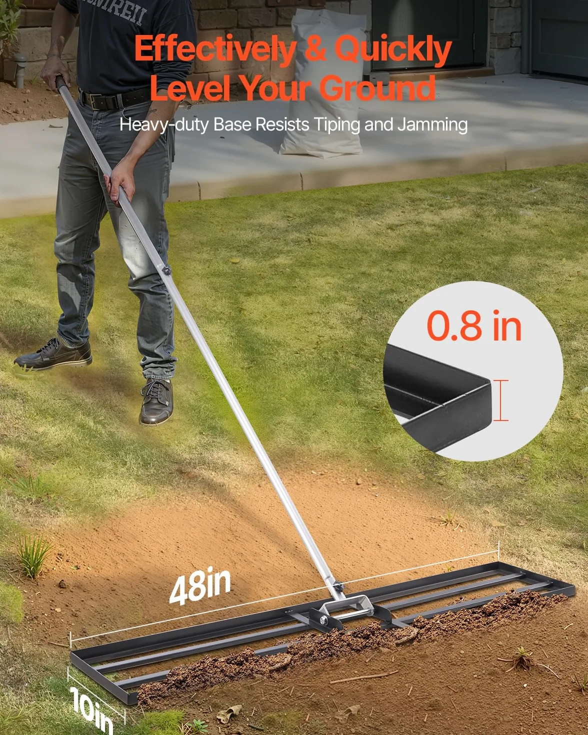 VEVOR Nivelador de Césped con Mango, Placa de Suelo de 254 x 1219 mm, Acero al Carbono, 2 Alturas Ajustables