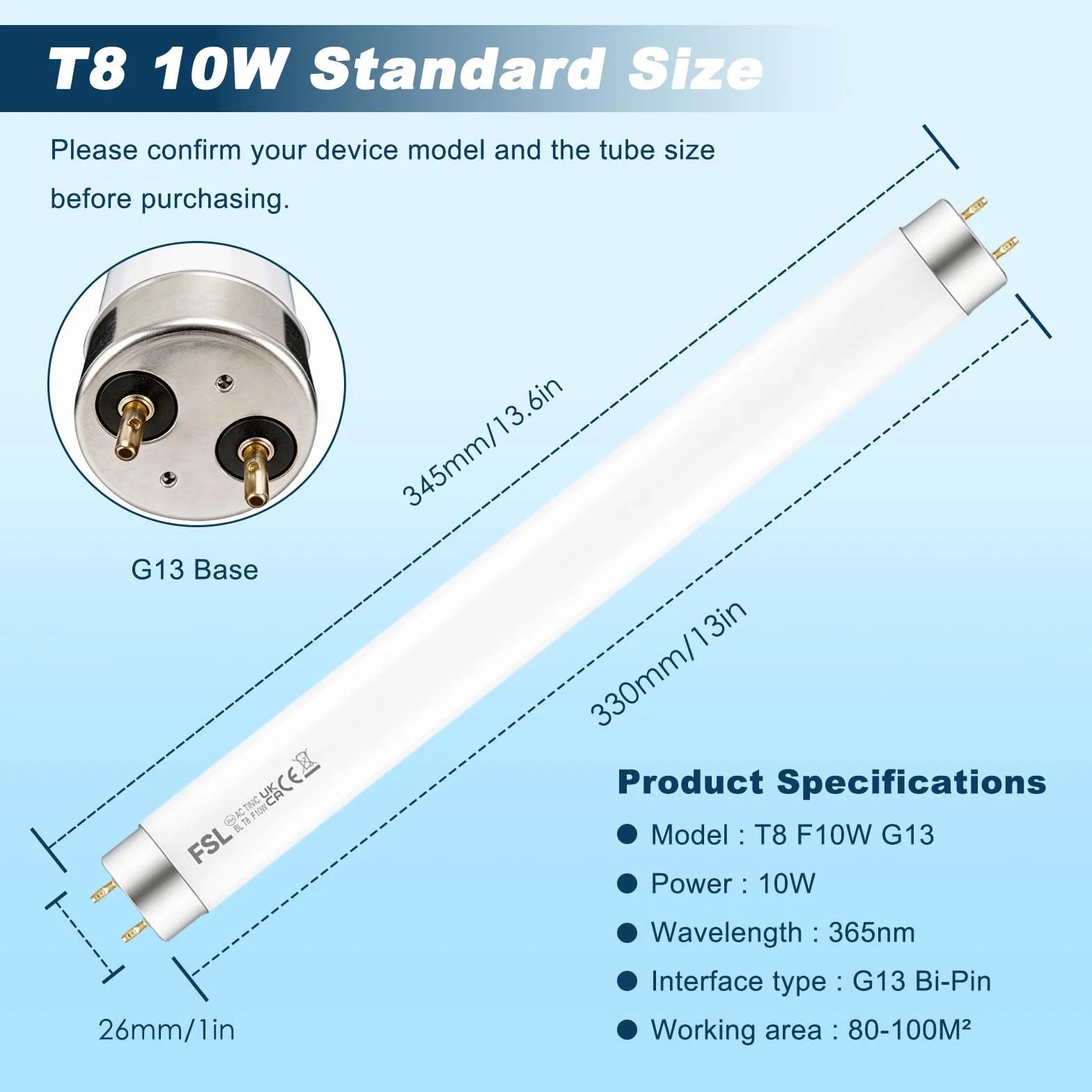 Tubos UV 365 nm 34,5 cm Repuesto para Lámpara Antimosquitos 20W Paquete 2 Unidades