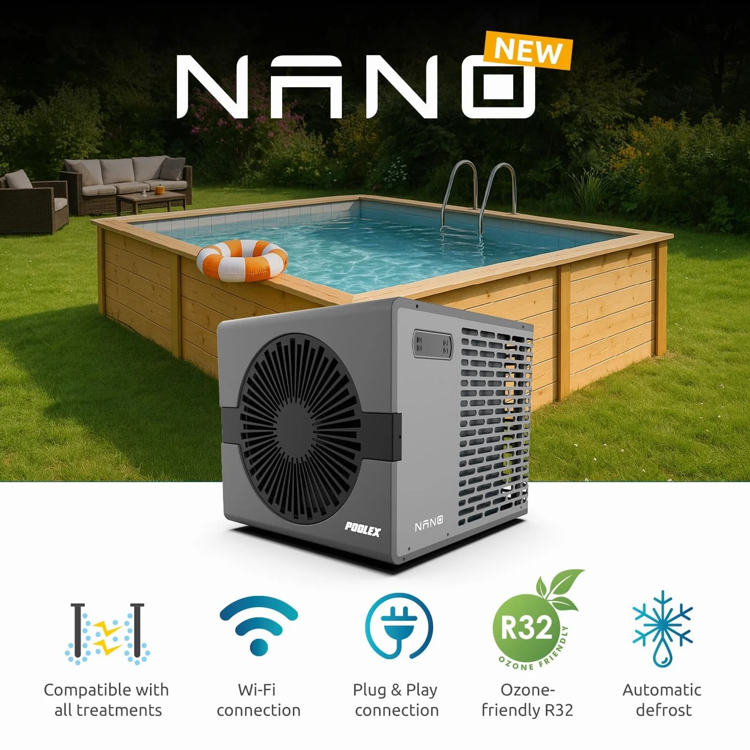 POOLEX Nano B5 Bomba de Calor Reversible para Piscina 5 kW 30m³ Desescarche Automático Inteligente