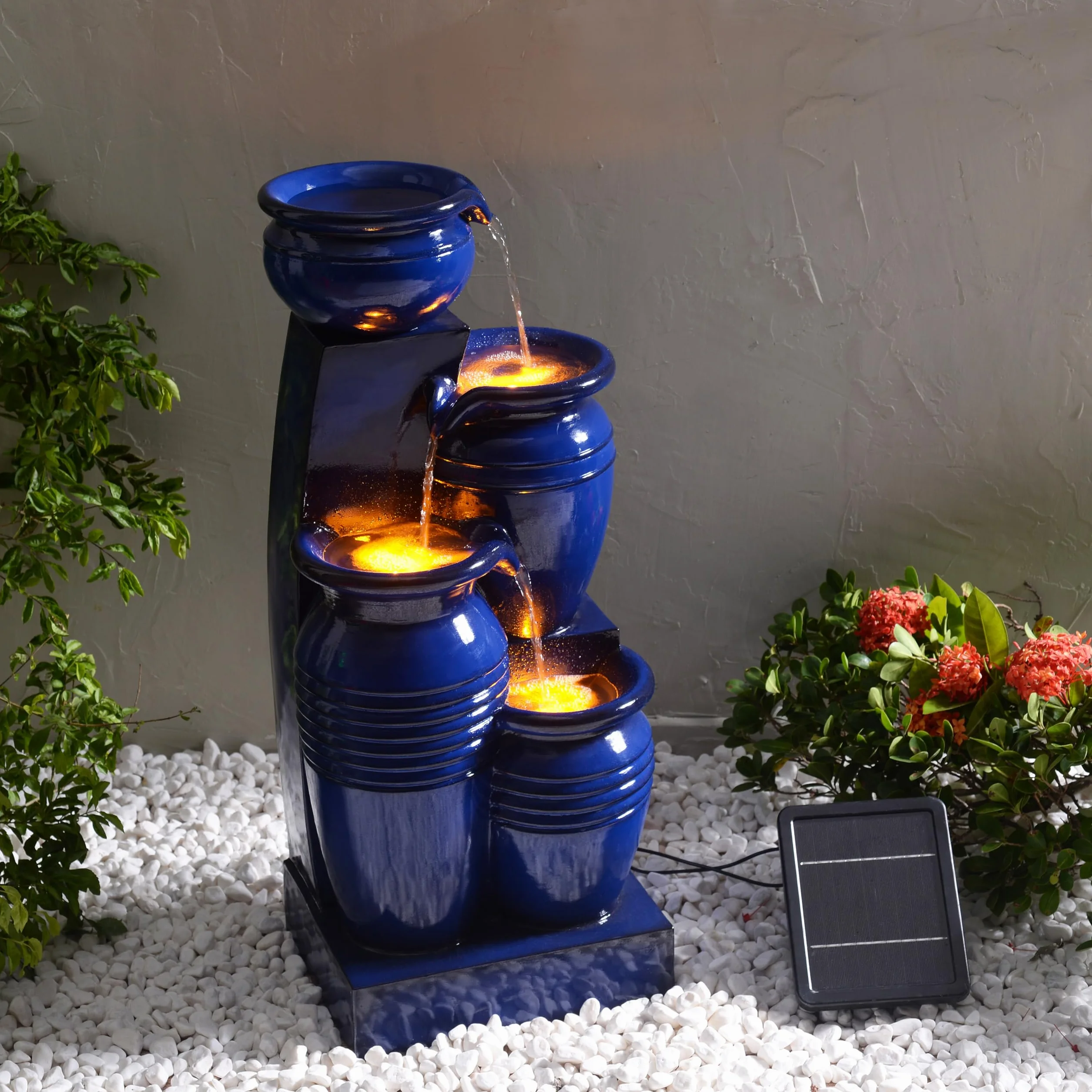 Fuente de Agua Solar en Cascada de 4 Niveles, Luces LED, 28.74", Azul Marino. Ideal para Jardines, Patios, Balcones. Marca Teamson Home.