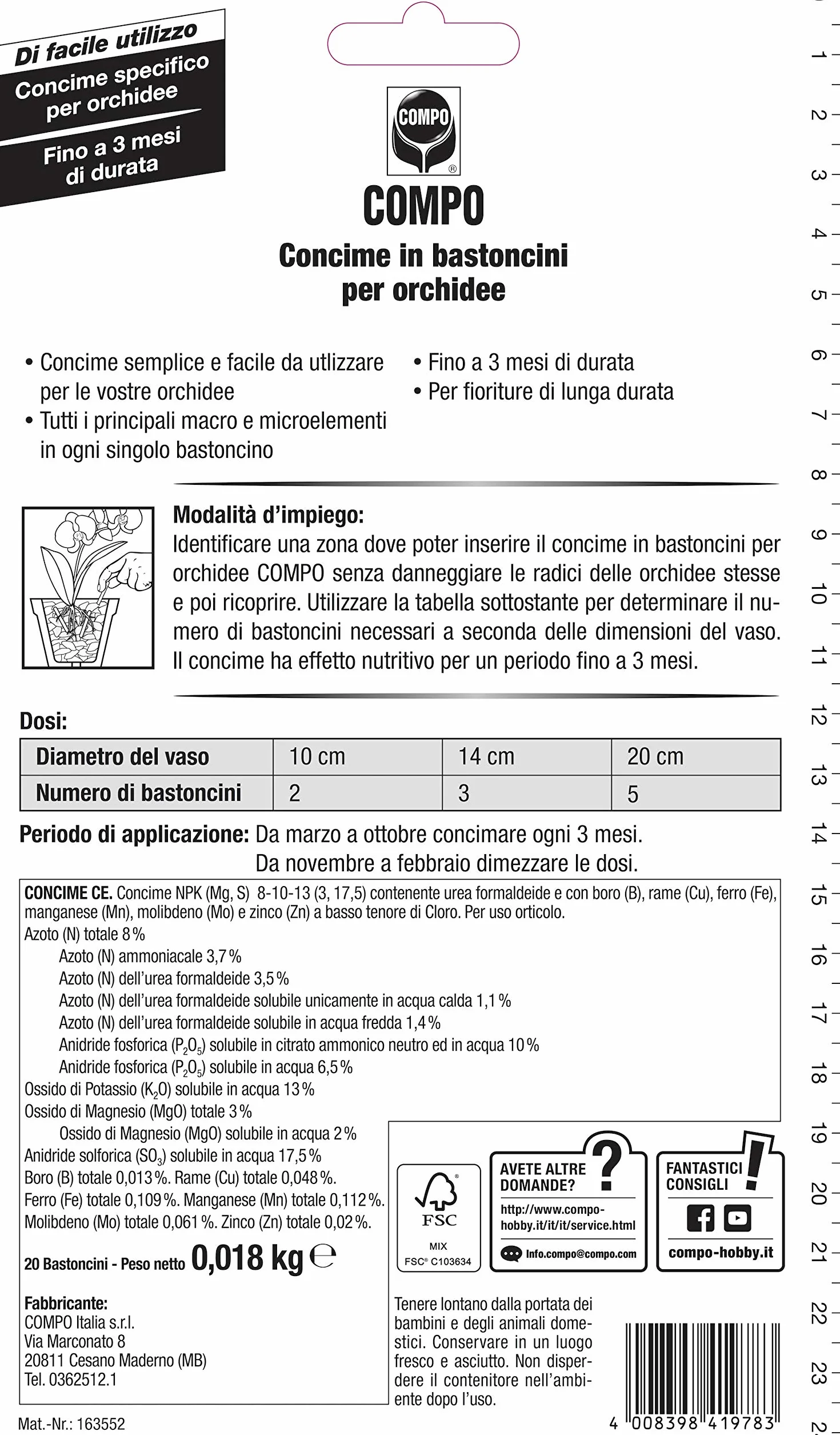 COMPO Varitas Fertilizantes Orquídeas, 20 unidades