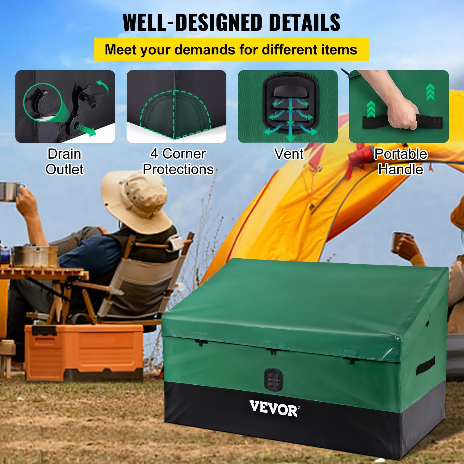 VEVOR Caja de Almacenamiento Exteriores 100 Galones Arcón Jardín Tela Lona PE Portátil 122x63x75x52 cm Verde