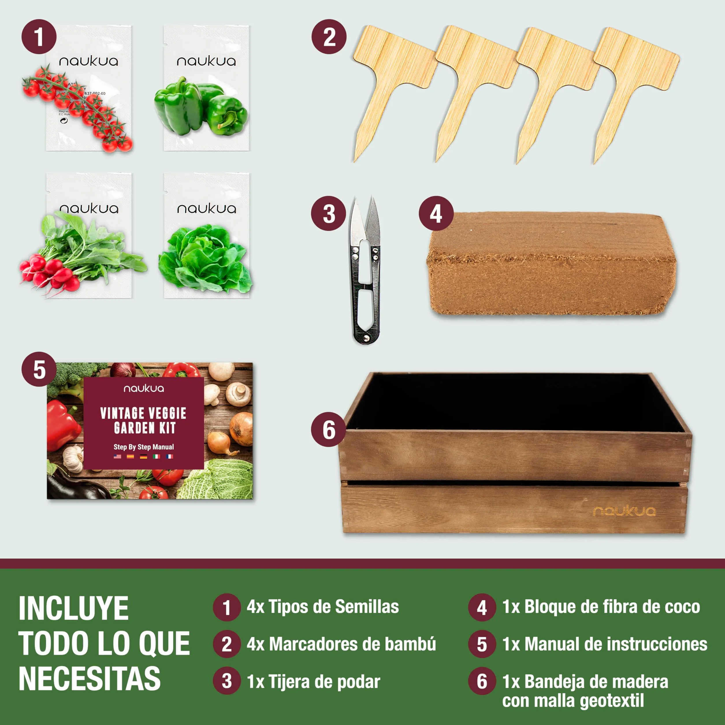 Mini Huerto Urbano Vintage Semillas Orgánicas España Kit Completo Lechuga Rábanos Pimientos Verdes Tomates Cherry